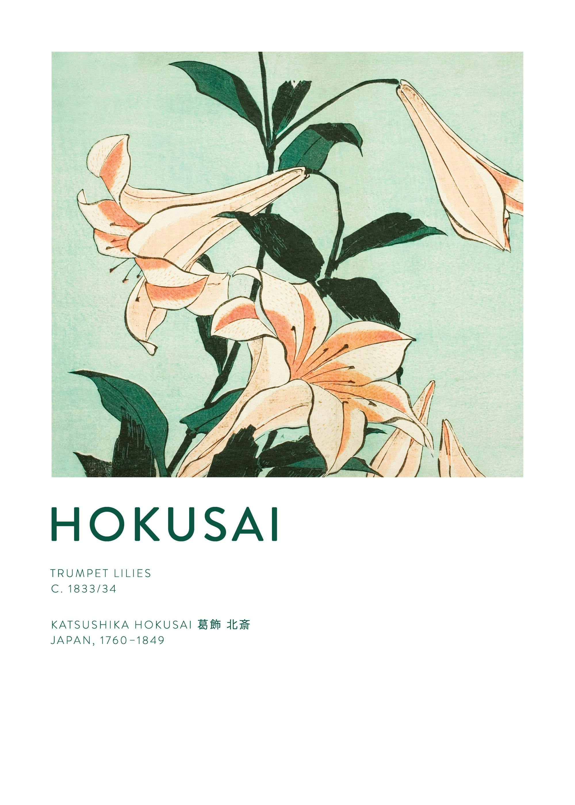 A poster of trumpet lilies in light peach and white, with dark green leaves on a light aqua background.