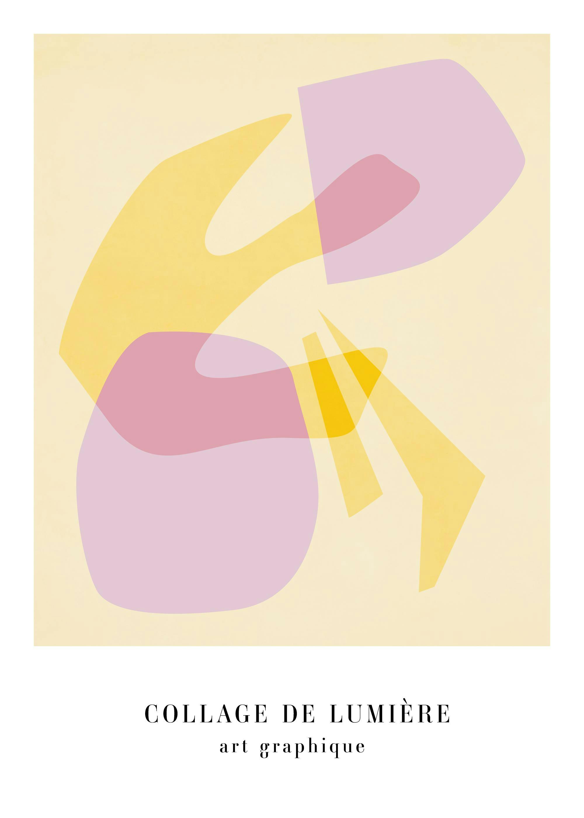 A poster featuring abstract overlapping shapes in yellow and light purple on a cream background.