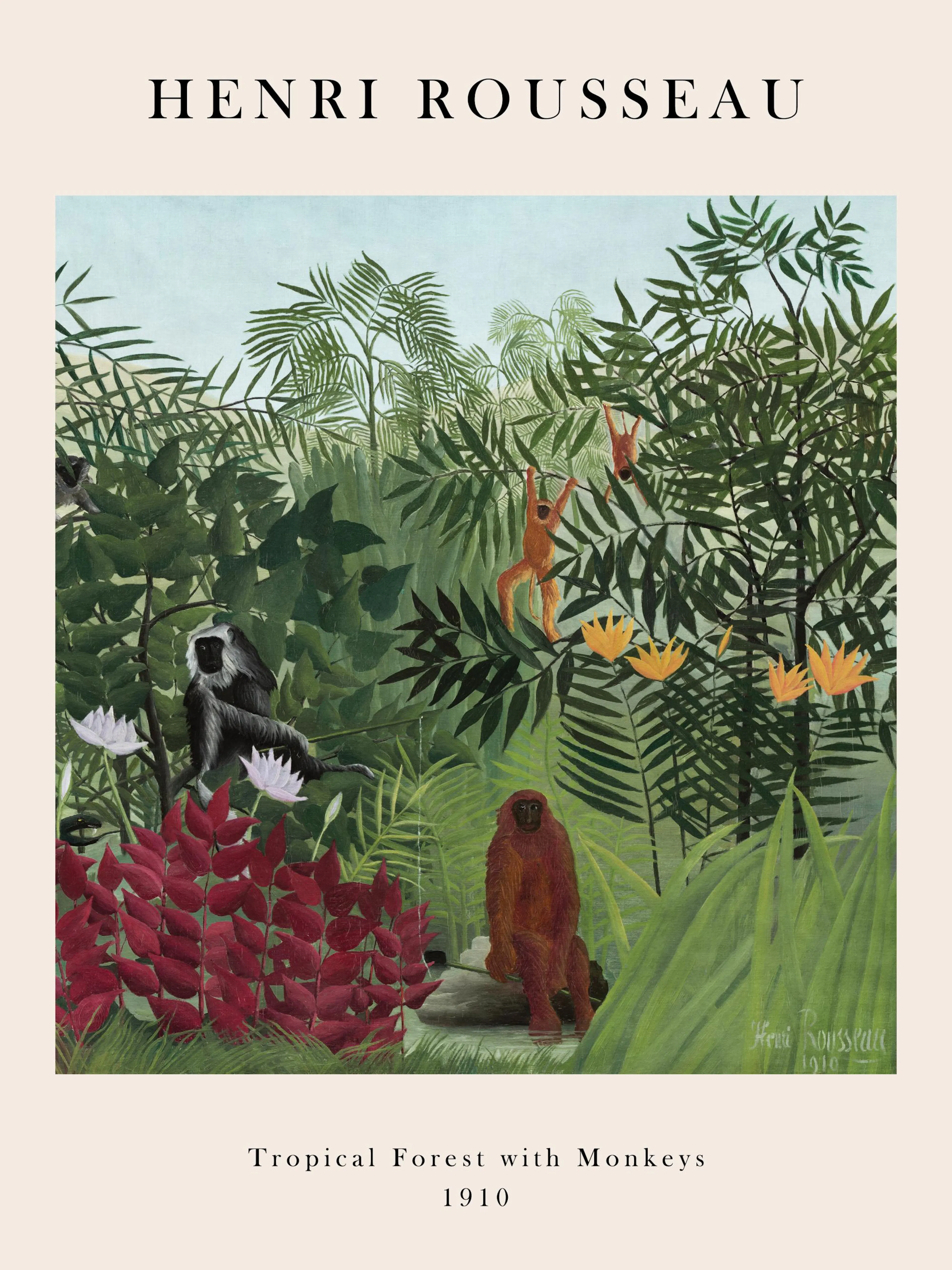 Henri Rousseau Trópusi erdő majmokkal című festményének posztere, sűrű zöld növényzetet, majmokat és tavirózsákat ábrázol.