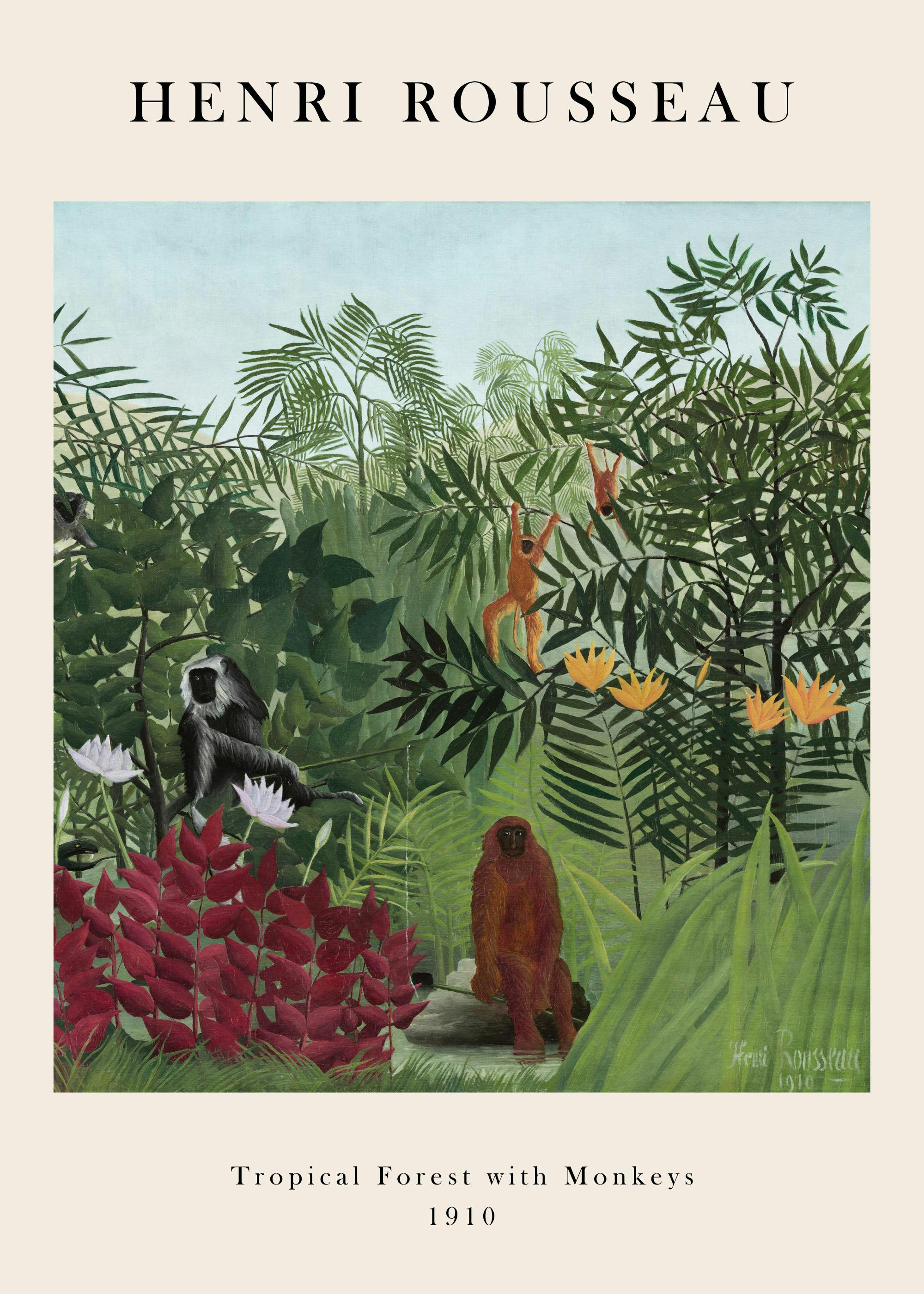 Poster du tableau Forêt tropicale avec singes dHenri Rousseau, représentant une jungle luxuriante et des singes.