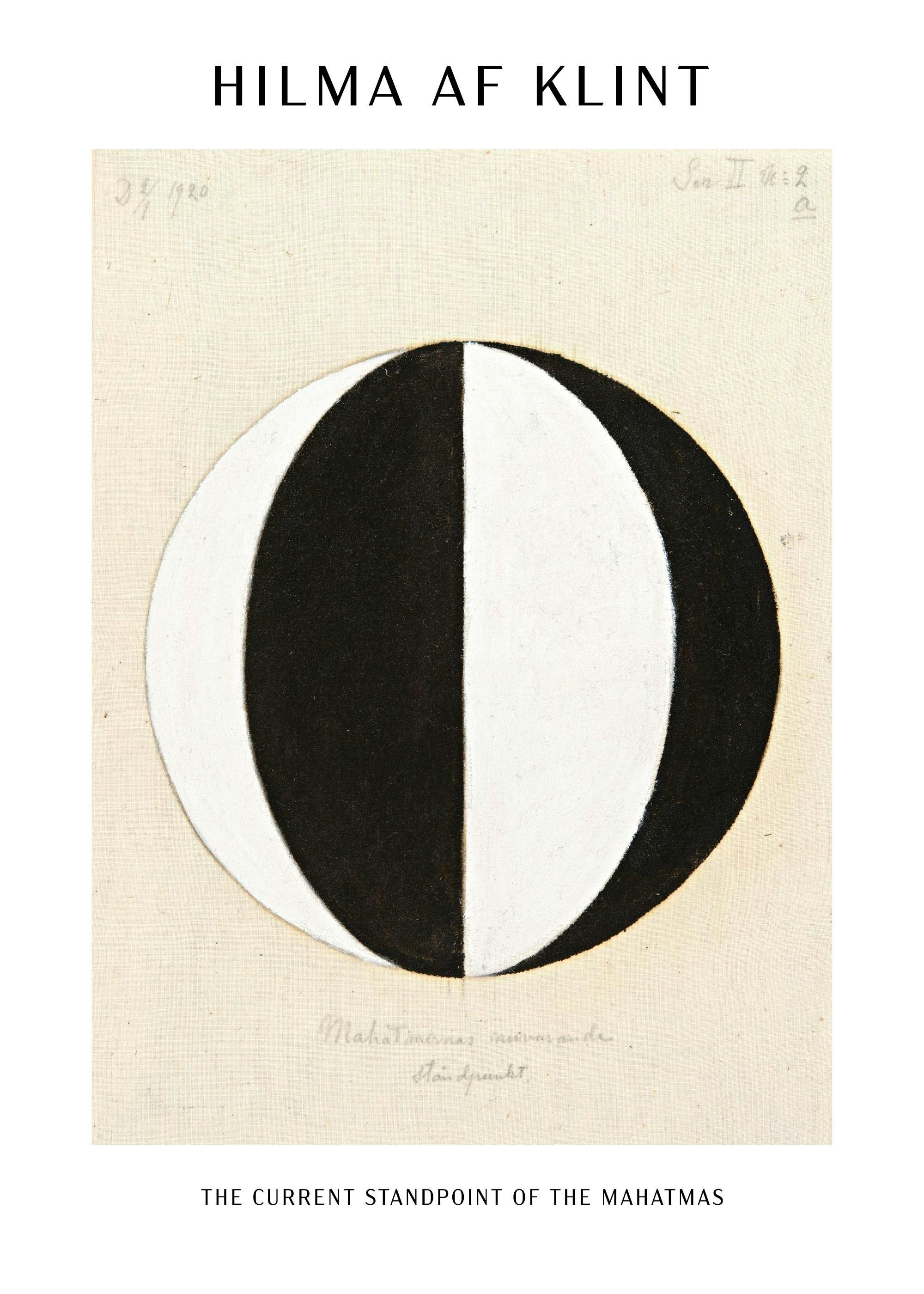 Poster de Hilma af Klint avec un cercle noir et blanc divisé en deux, sur fond beige.