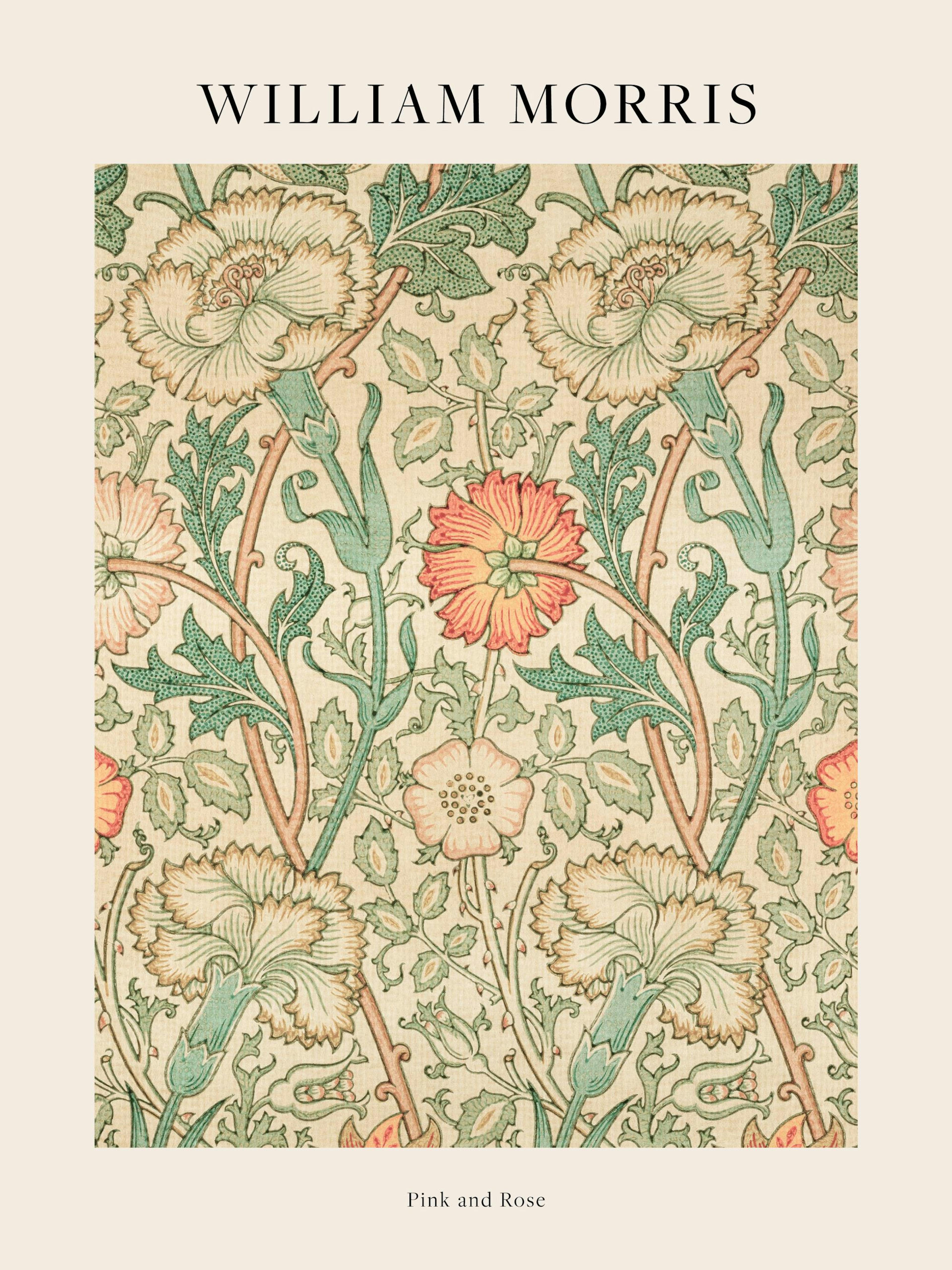 Een poster met een William Morris bloemenpatroon van roze en beige anjers, groene bladeren en stengels op een lichte achtergrond