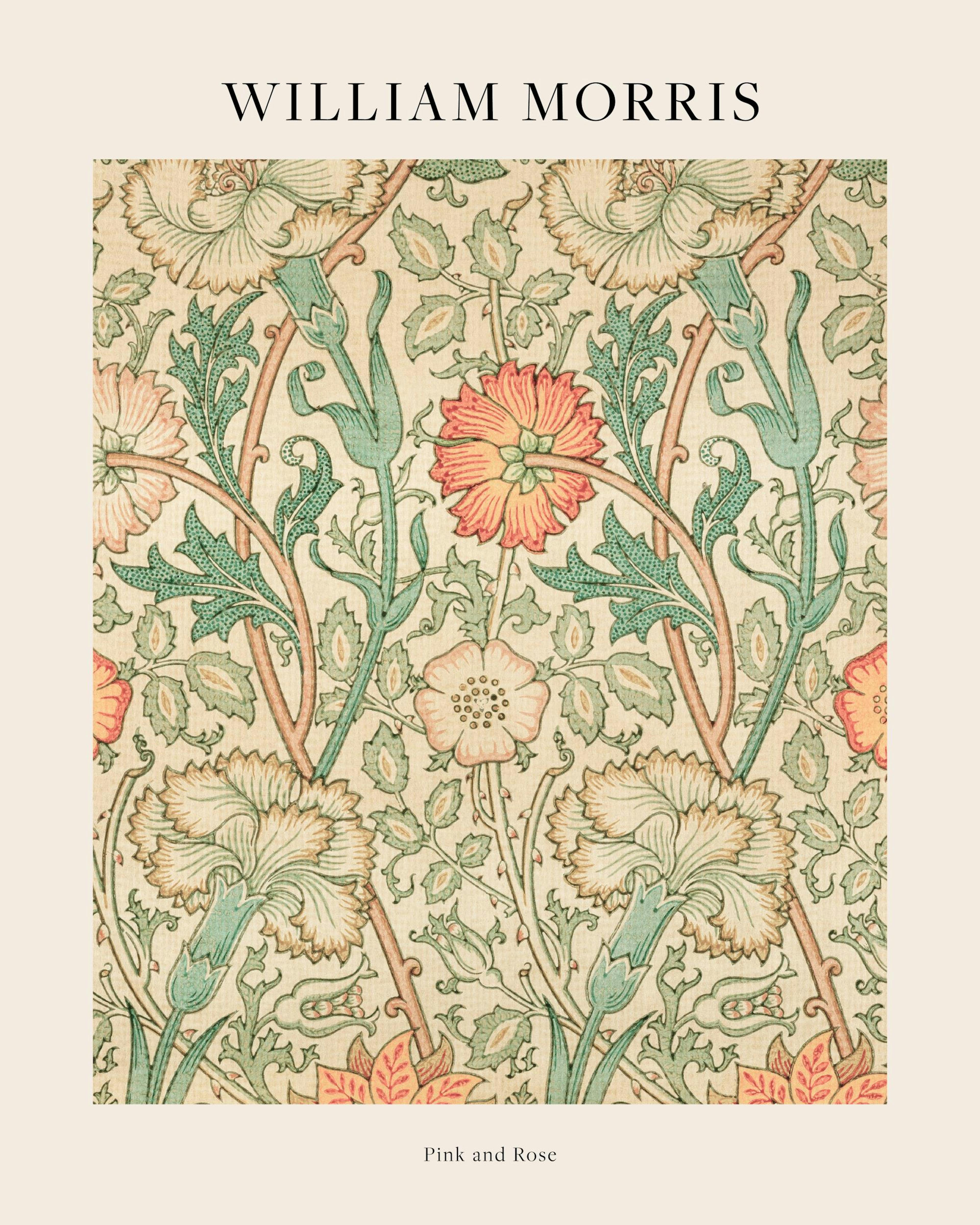 Póster con patrón botánico de flores y hojas en tonos rosa pastel, naranja, verde y beige.