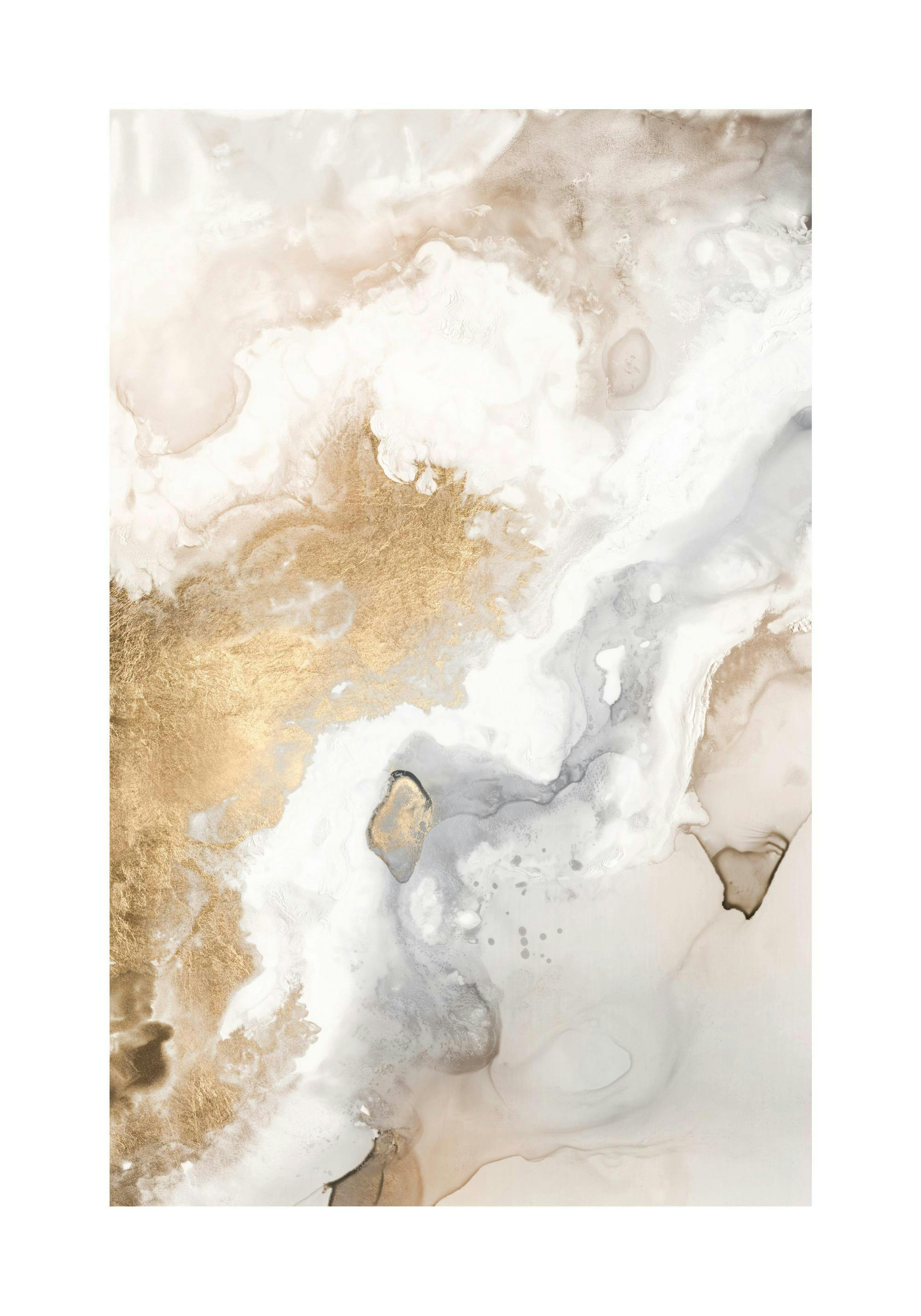 Poster: Abstrakte Kunst mit goldenen, beigen und grauen fließenden Formen, die an Marmor erinnern.