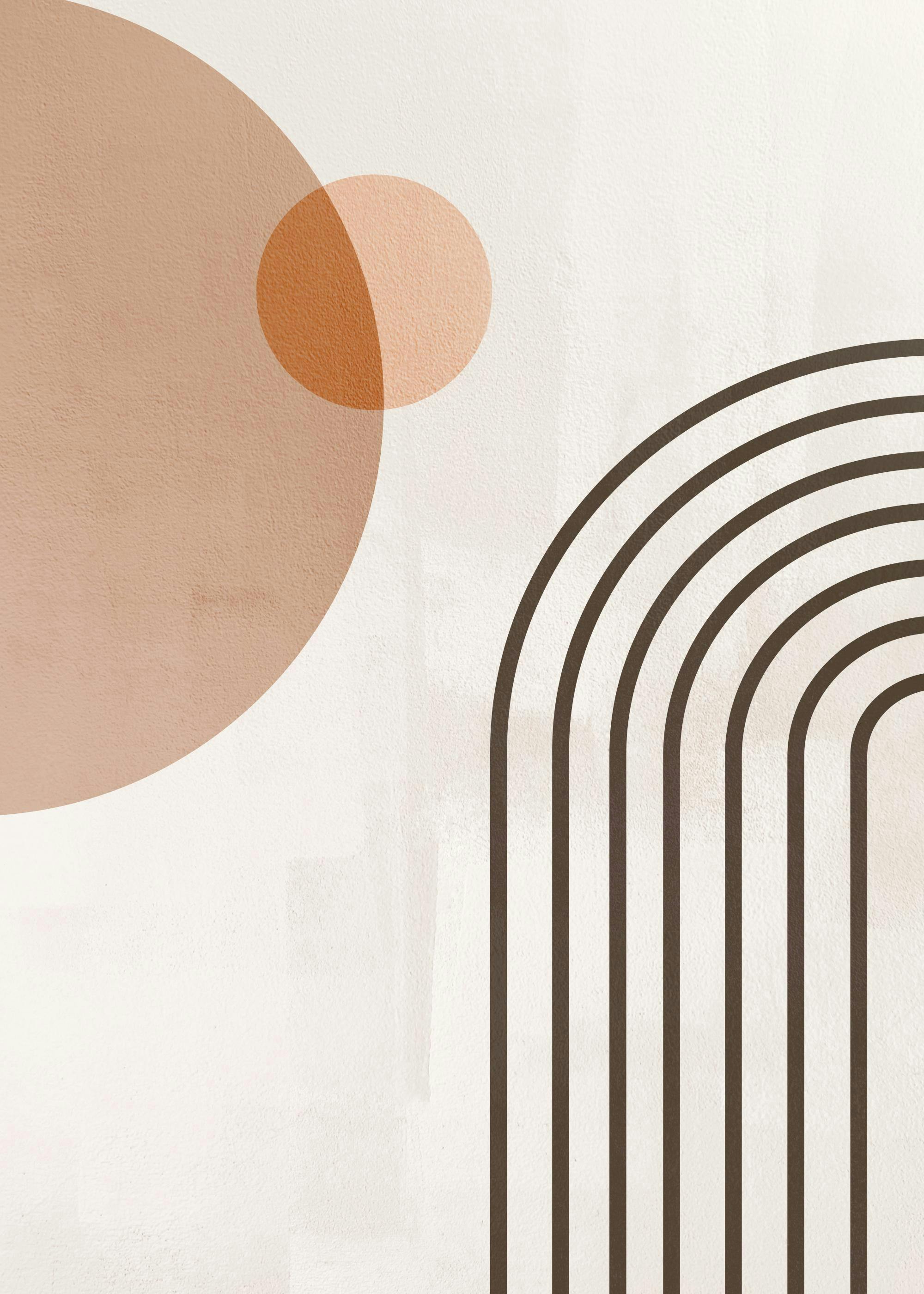 Póster de arte minimalista con un semicírculo y un círculo color terracota, y arcos marrones sobre un fondo blanco roto.