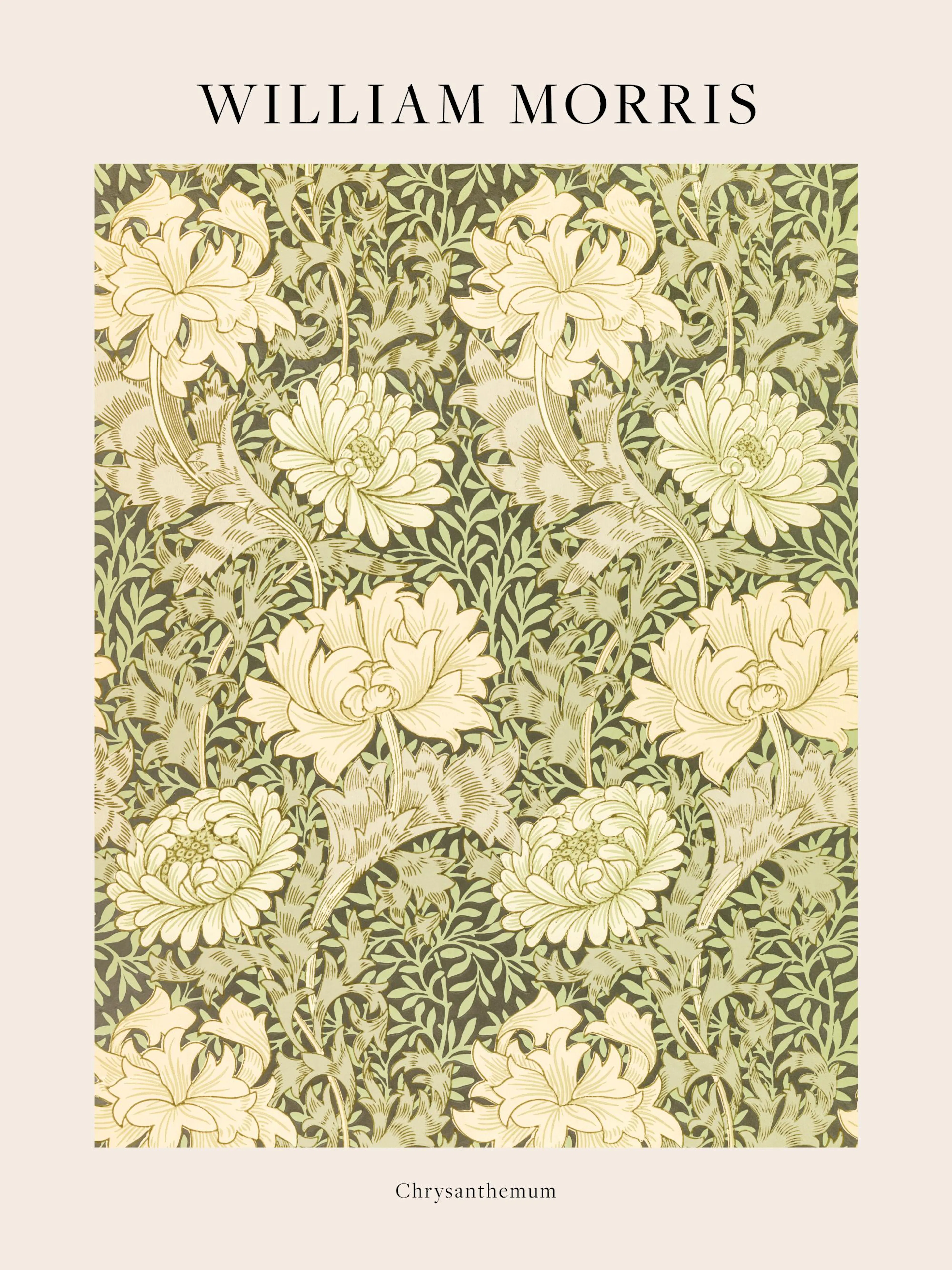 Póster de William Morris con un patrón de crisantemos color crema y hojas verdes sobre un fondo oscuro.