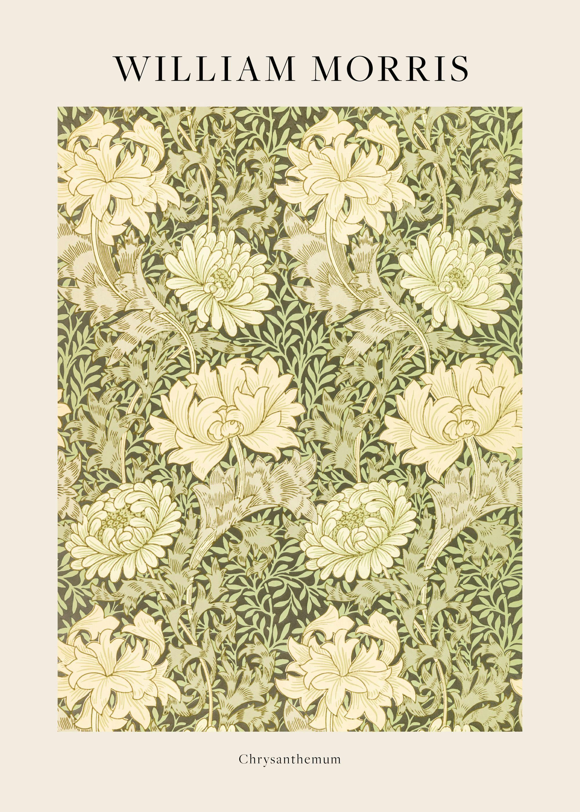 Plakat med William Morris Chrysanthemum-design, et detaljert blomstermønster i grønne og beige nyanser.