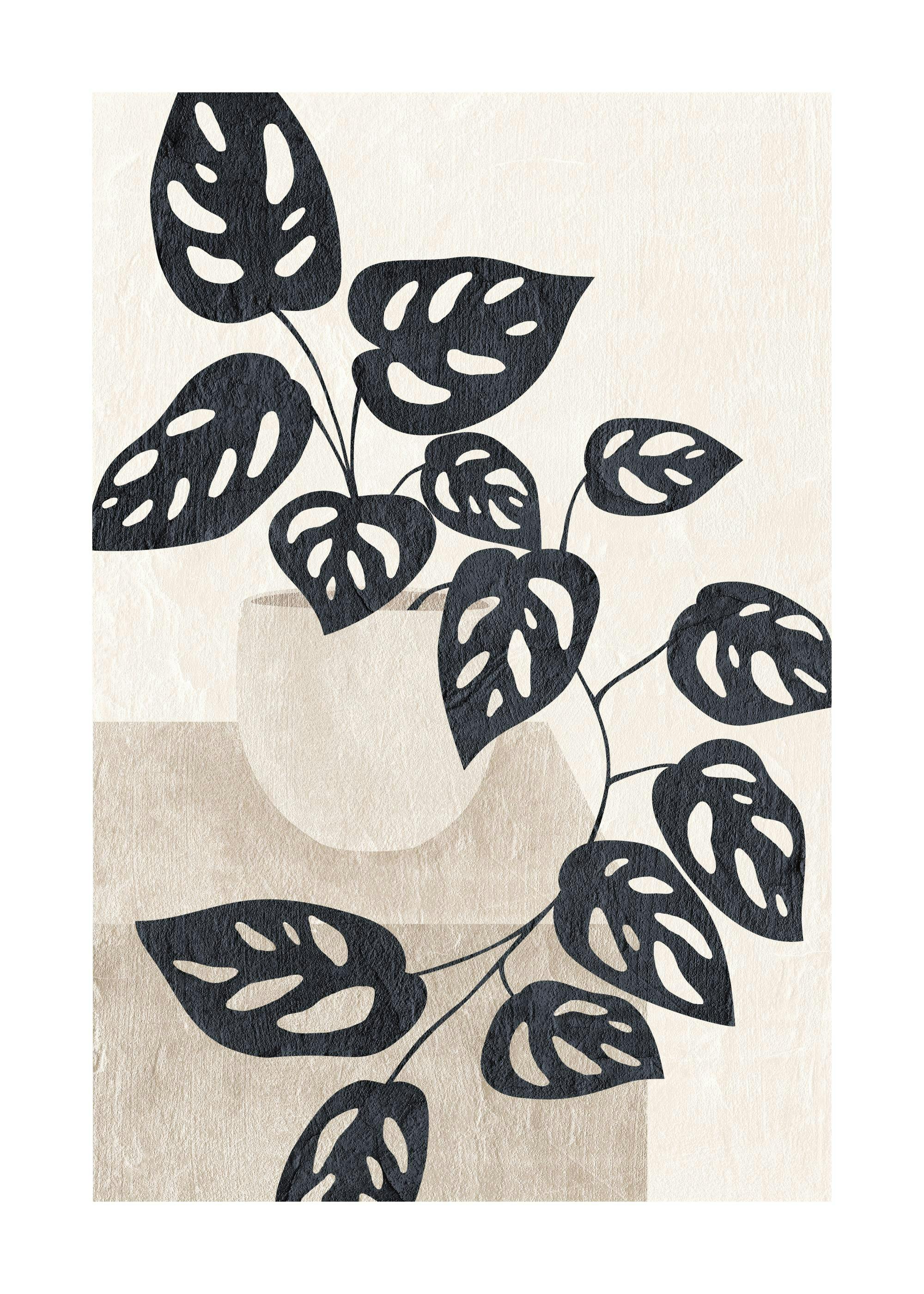 베이지 톤 배경에 검은색 몬스테라 잎과 화병이 그려진 감각적인 보타니컬 poster.