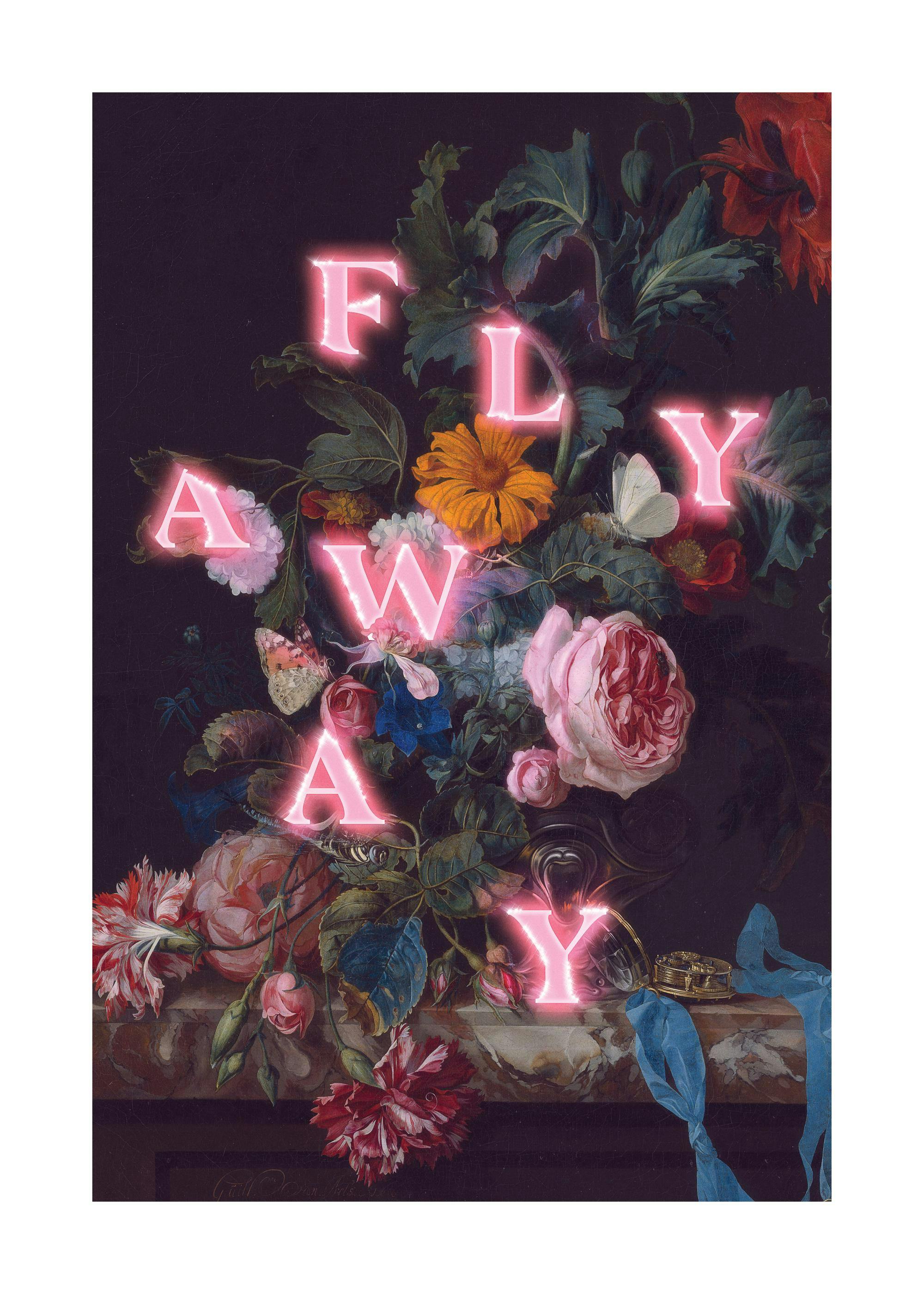 Poster met bloemenstilleven en roze neon letters die FLY AWAY vormen.