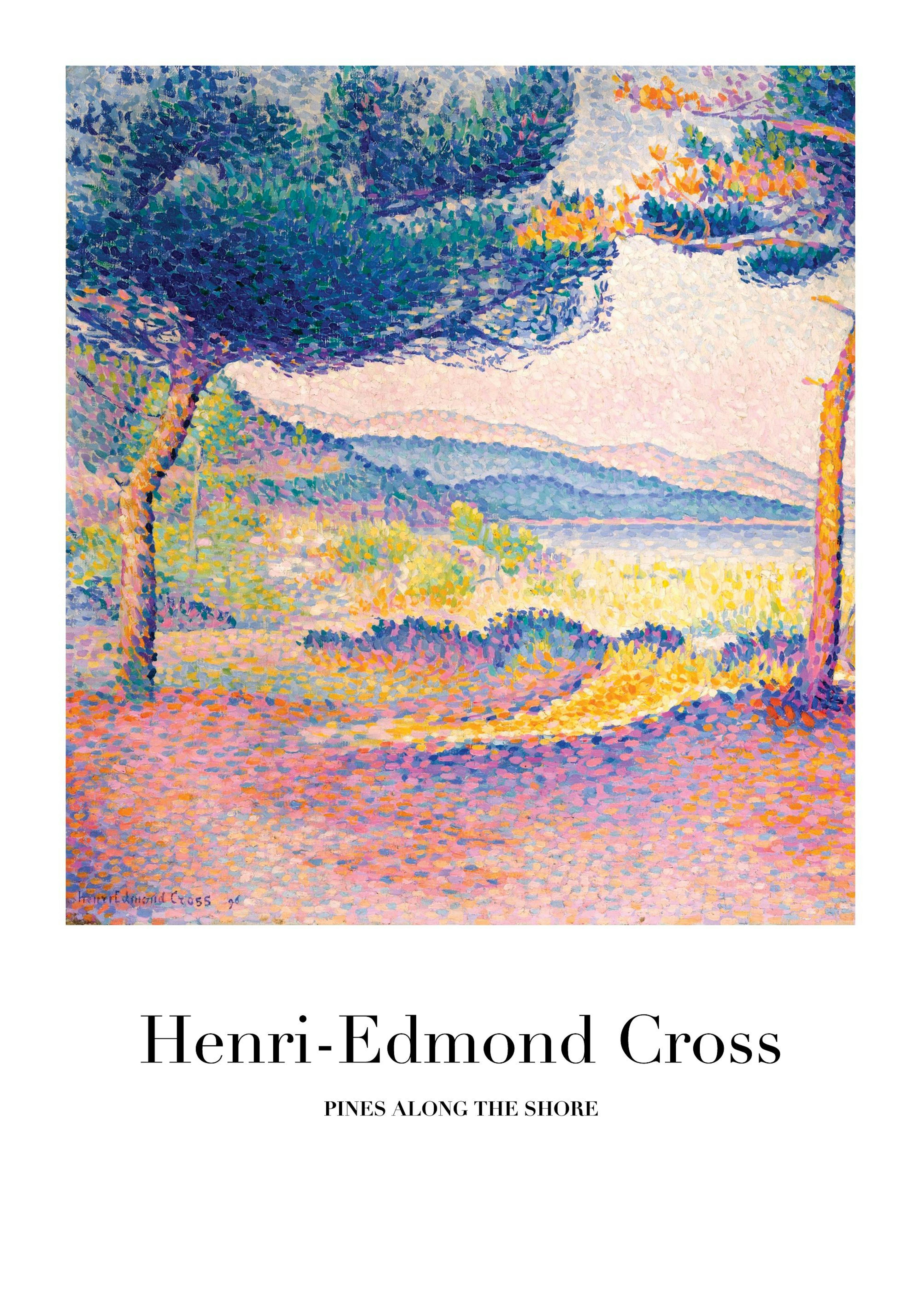 A poster featuring a Henri-Edmond Cross painting of abstract, vibrant pine trees and a landscape in a pointillist style.