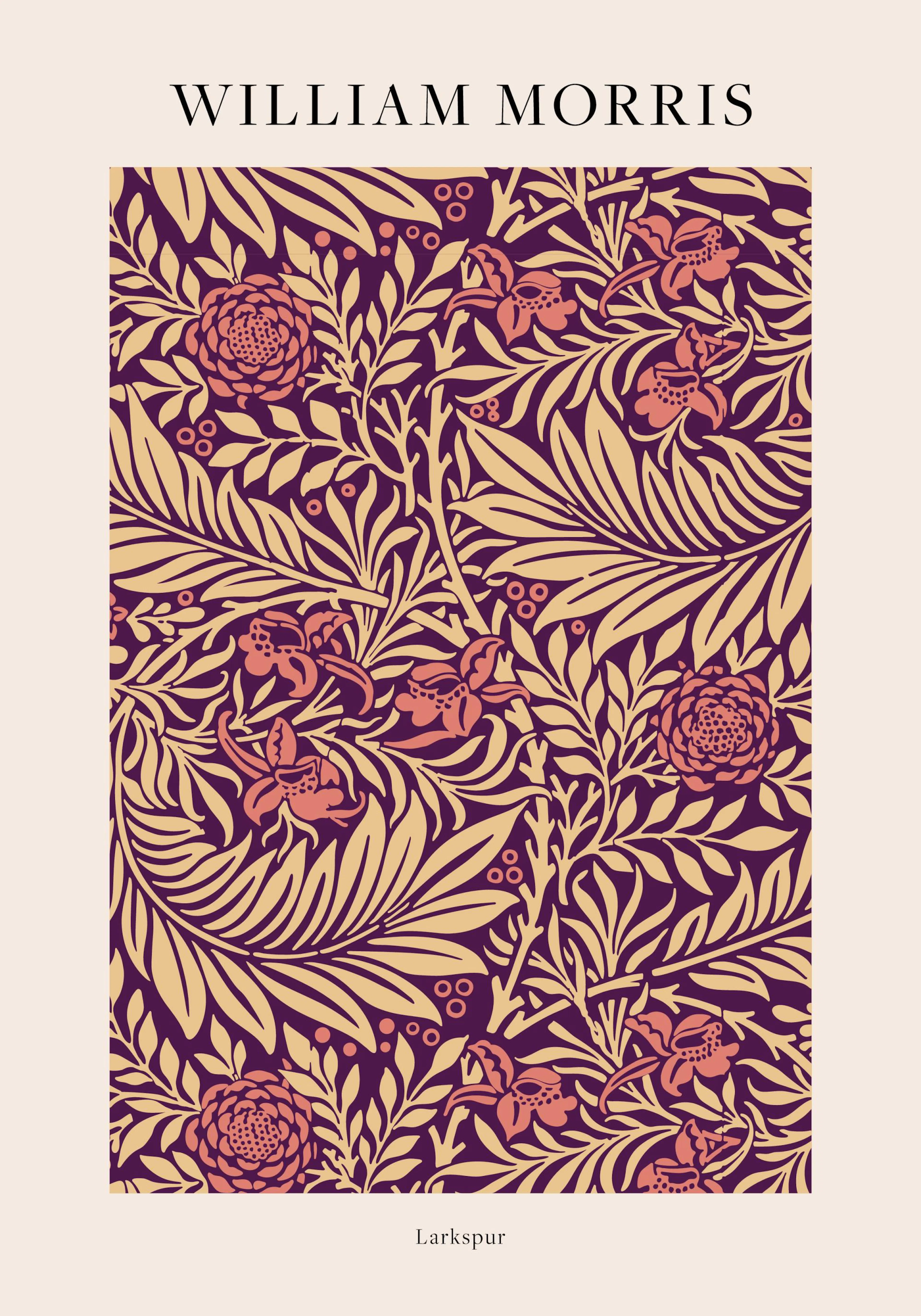 Poster con motivo Larkspur di William Morris, fiori rosa e foglie beige su sfondo viola.