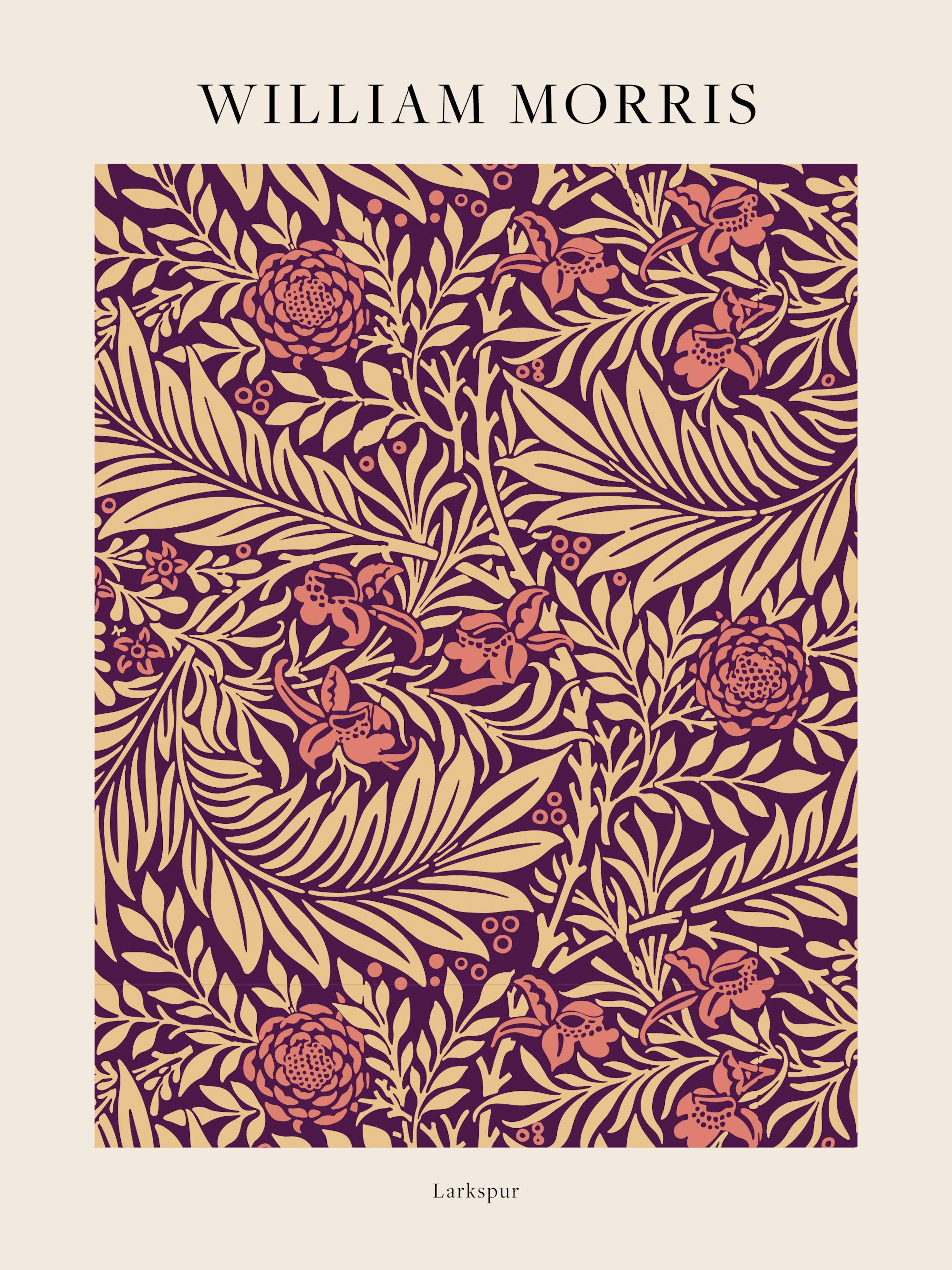 A William Morris Larkspur floral pattern poster with deep purple foliage and peach-coloured flowers.