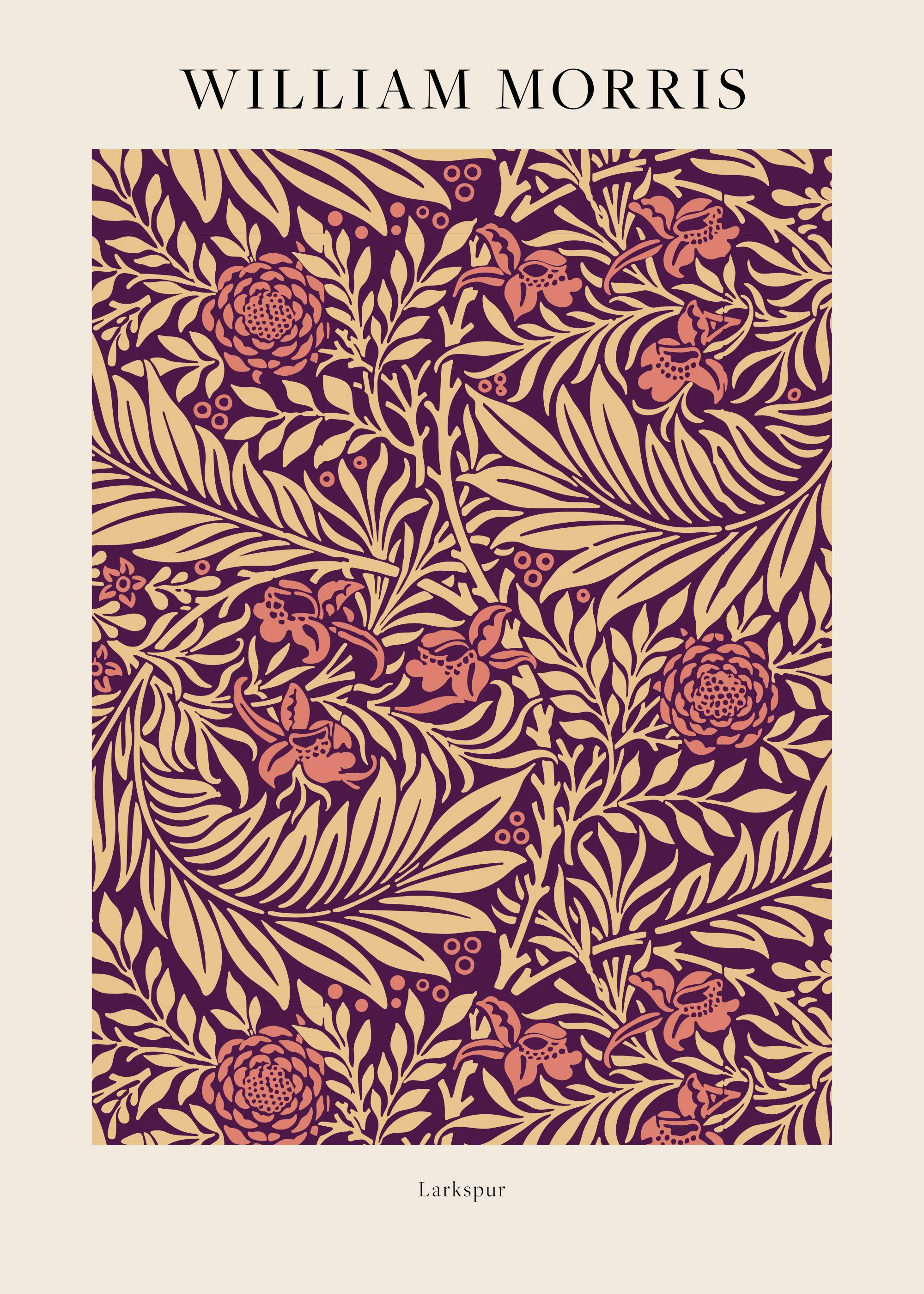 Plakat z wzorem William Morris Larkspur: bordowe tło, beżowe liście i koralowe kwiaty.