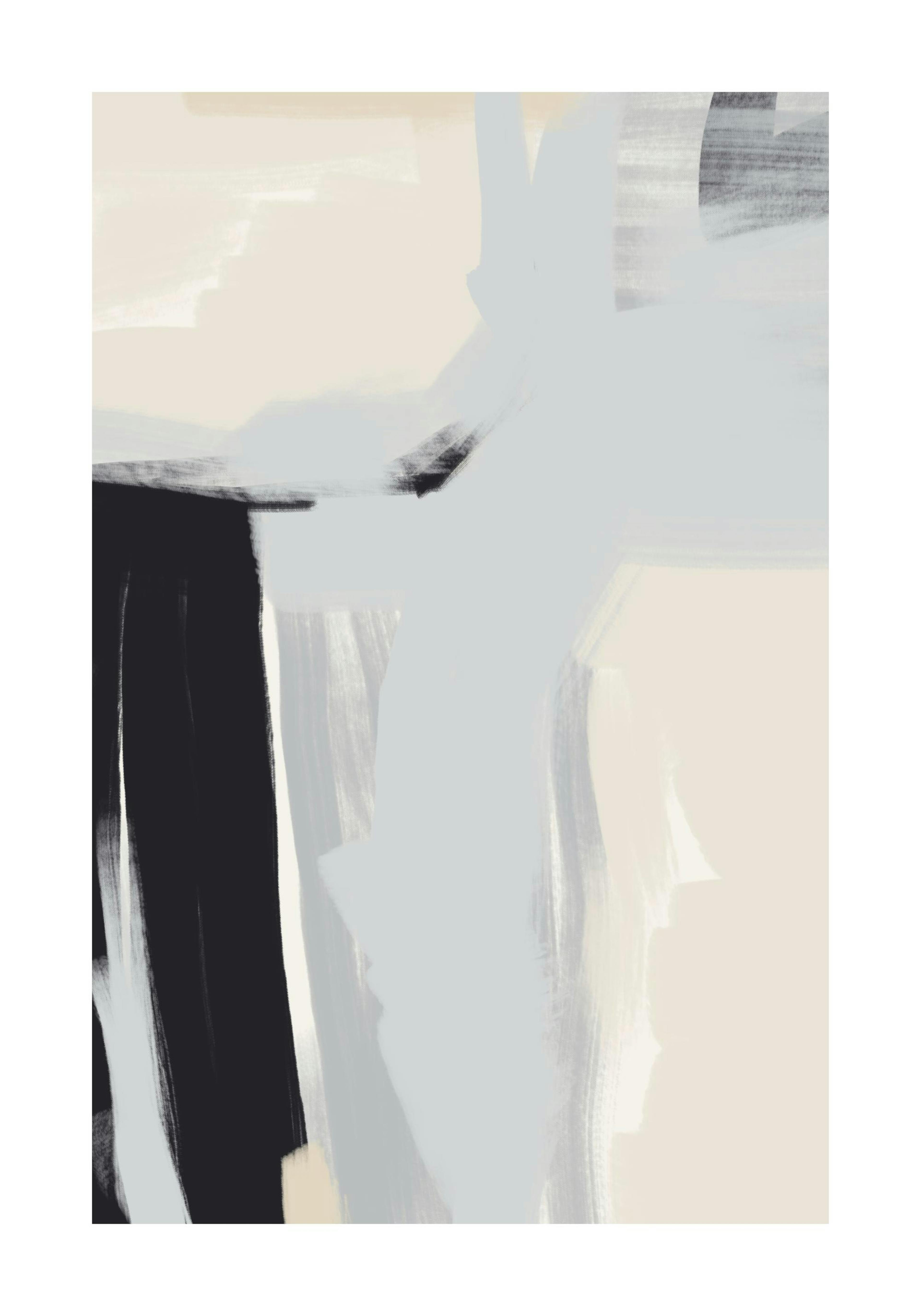 A poster featuring a neutral abstract painting with black, light blue, and beige broad brushstrokes.