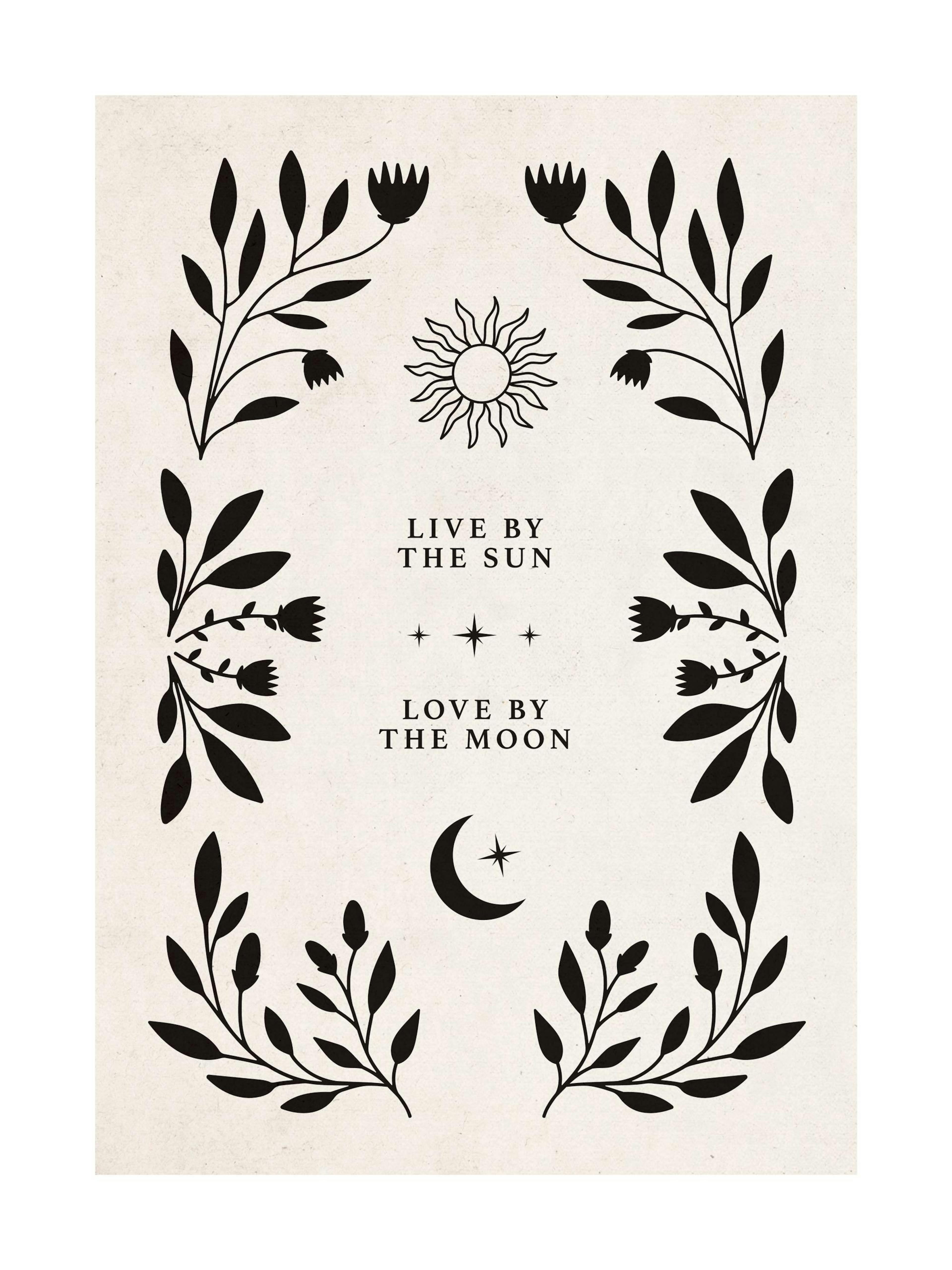 Poster avec soleil, lune, et branches de feuilles noires sur fond beige, au-dessus dun lit avec coussins blancs.