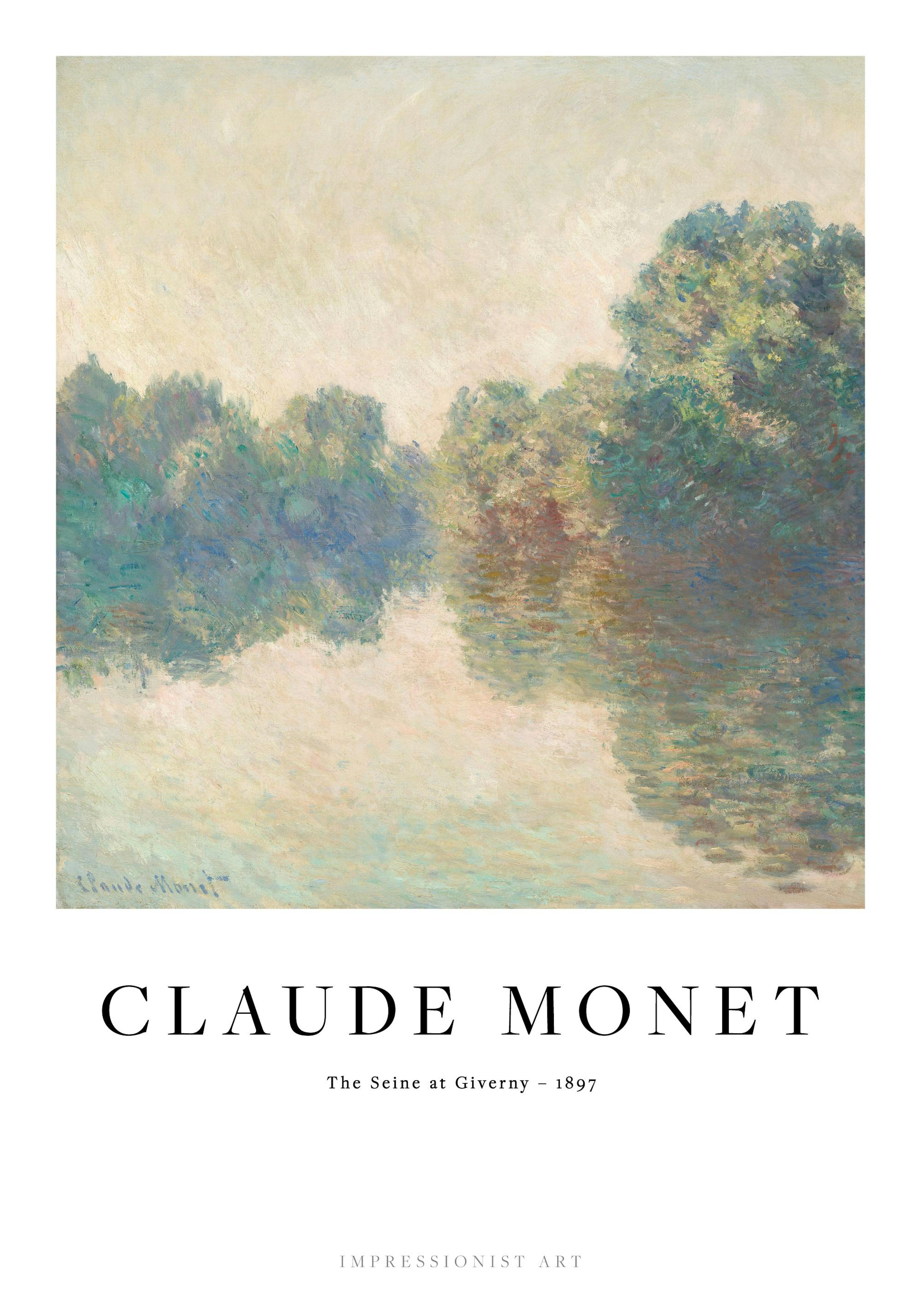 Plakat med Claude Monets maleri av elven Seinen i Giverny, med trær som speiler seg i vannet.