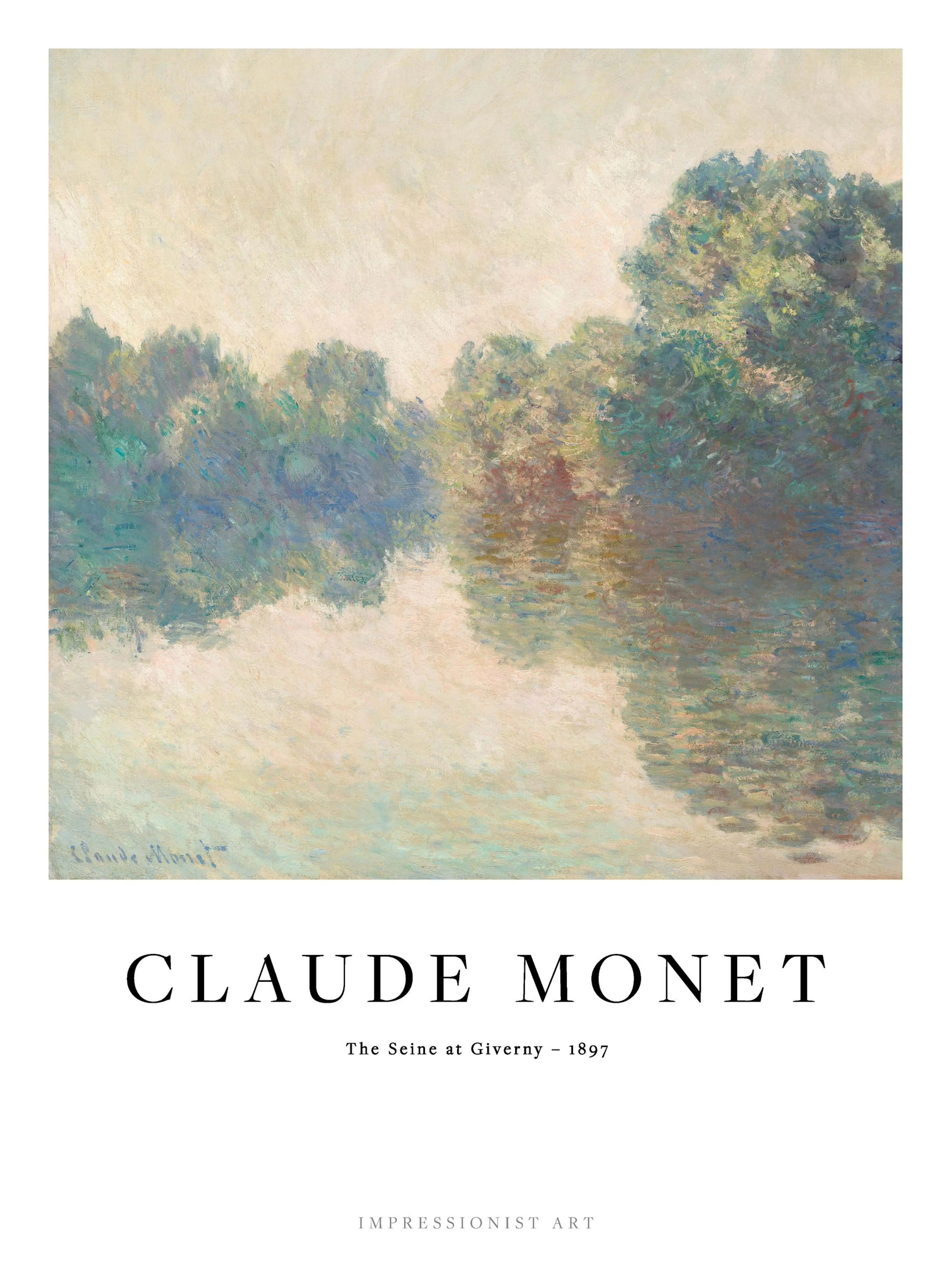 Poster du fleuve la Seine à Giverny par Claude Monet, avec des arbres verts se reflétant dans leau.