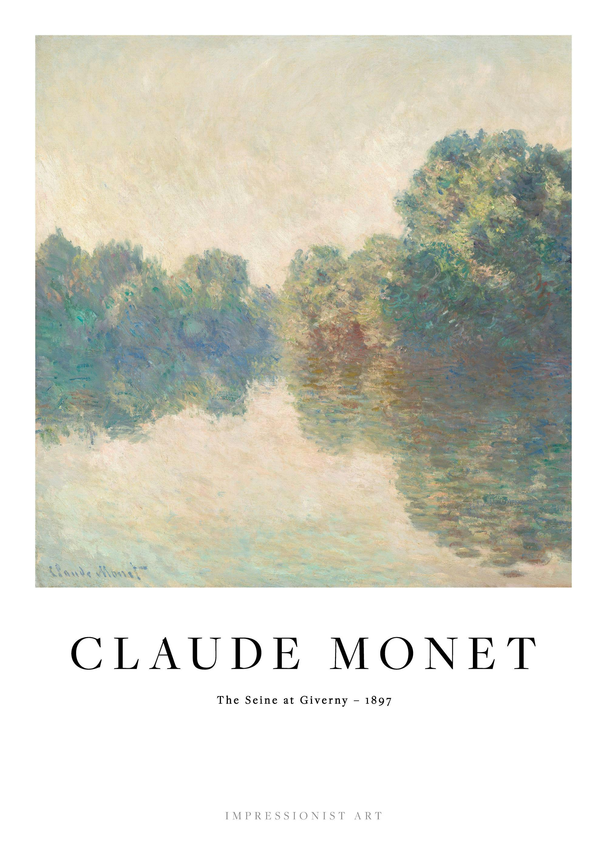 En poster av en impressionistisk målning av floden Seine vid Giverny med träd och deras speglingar i vattnet.