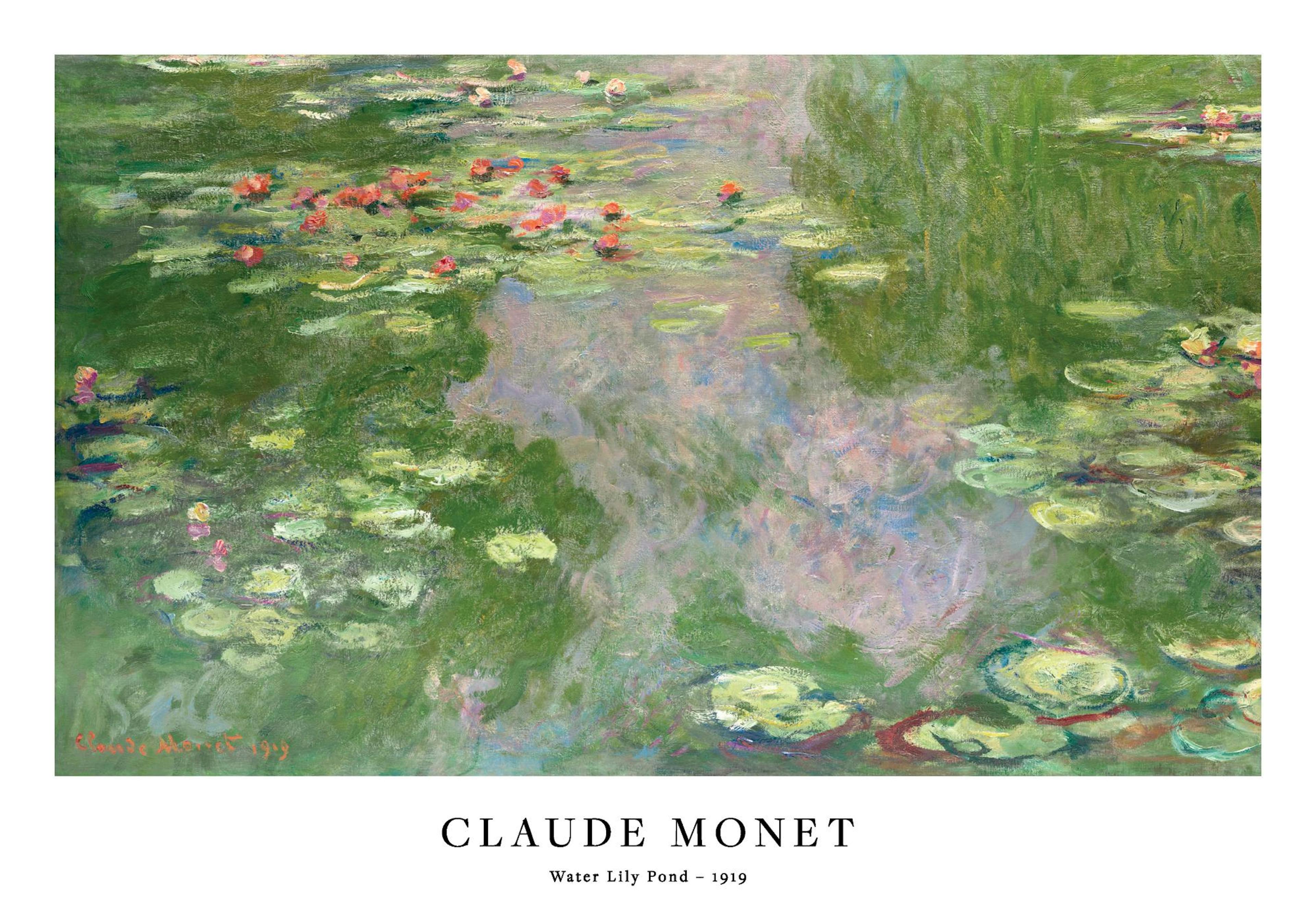 A poster featuring Claude Monets impressionist painting of a green water lily pond with pink and red flowers.