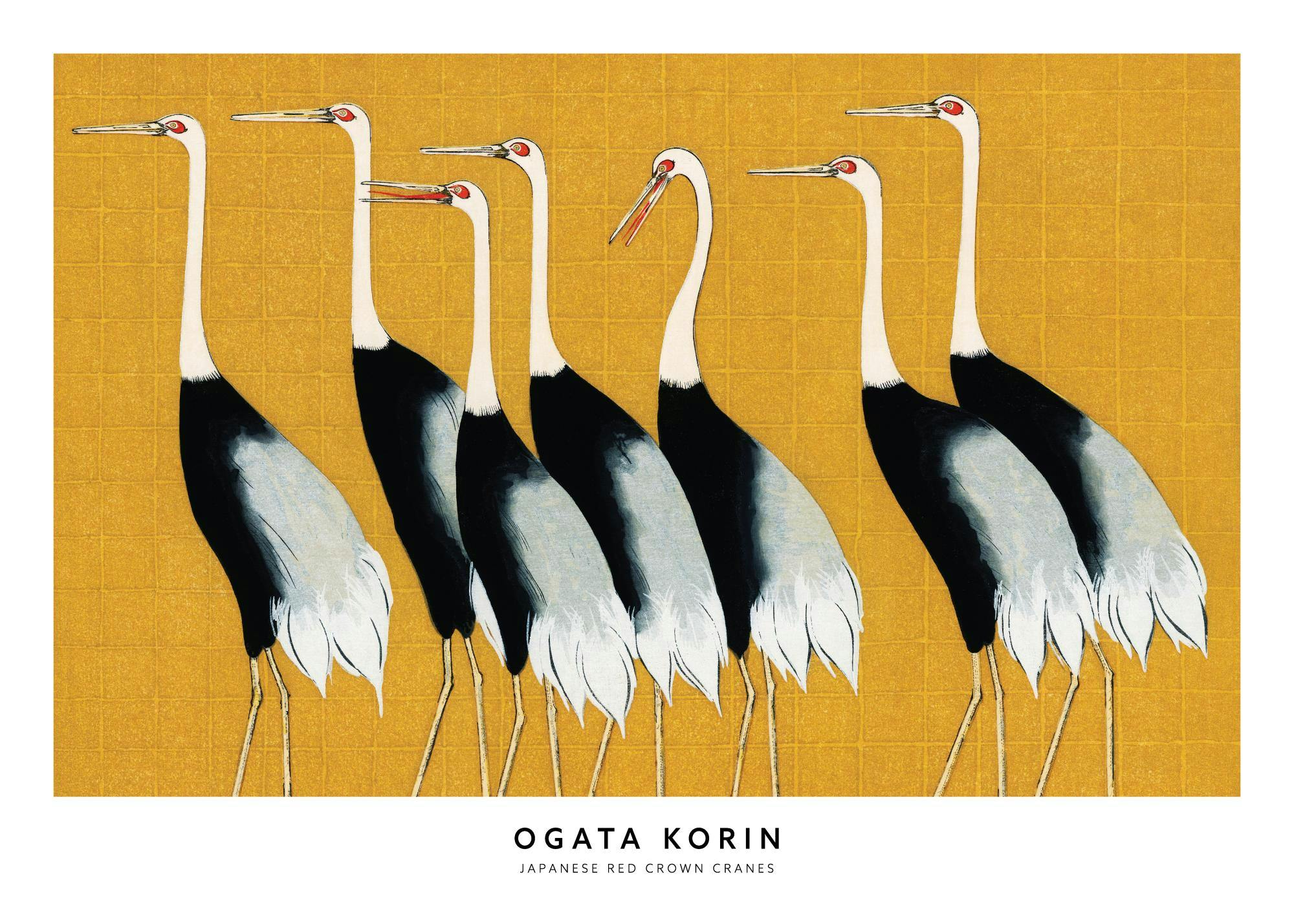 Een poster met Japanse kraanvogels met witte nekken, zwarte lichamen en rode koppen op een gouden achtergrond.