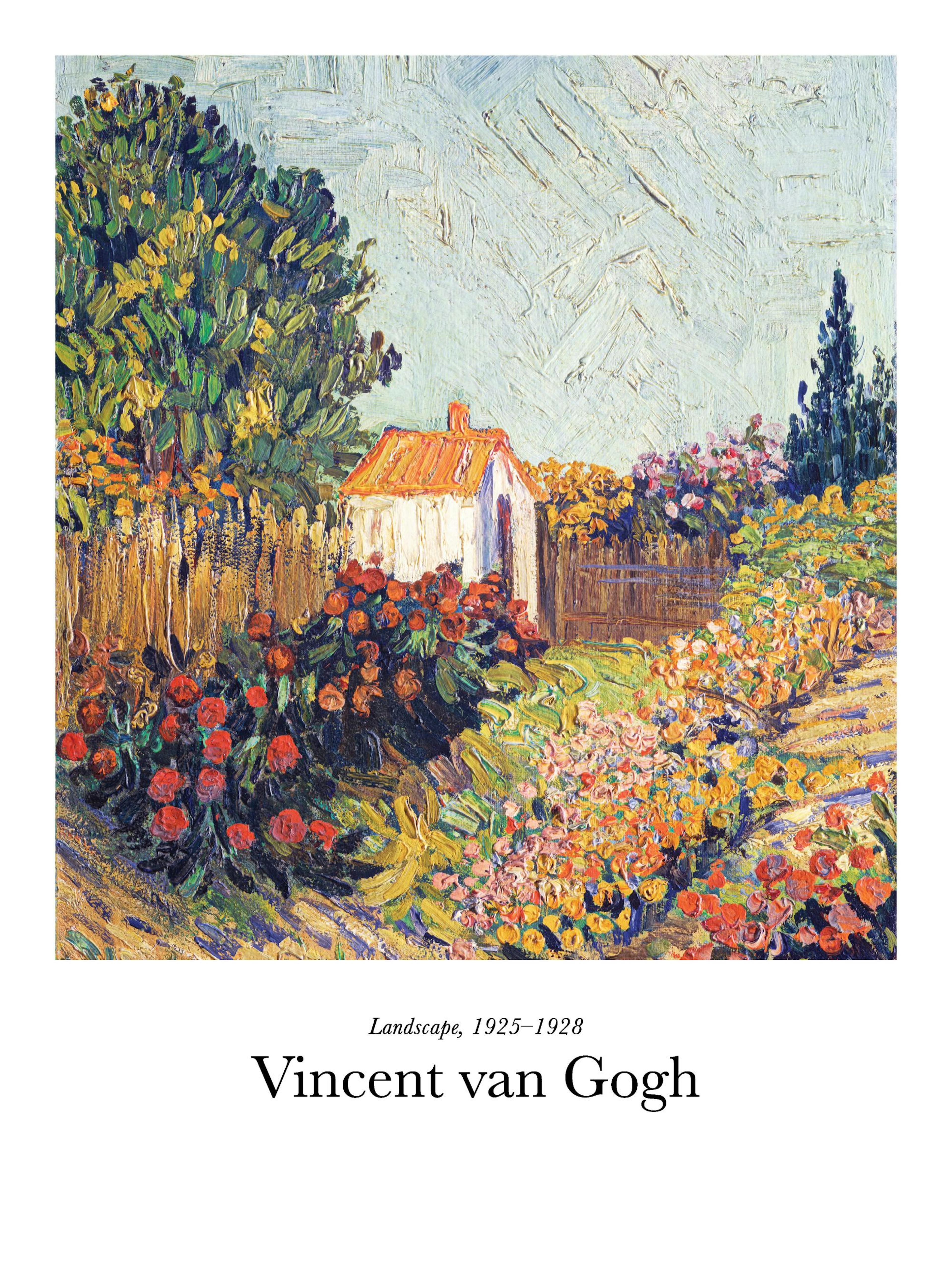 Een poster van een schilderij van een huisje met oranje dak, omringd door kleurrijke bloemen en groen, met een luchtige hemel.