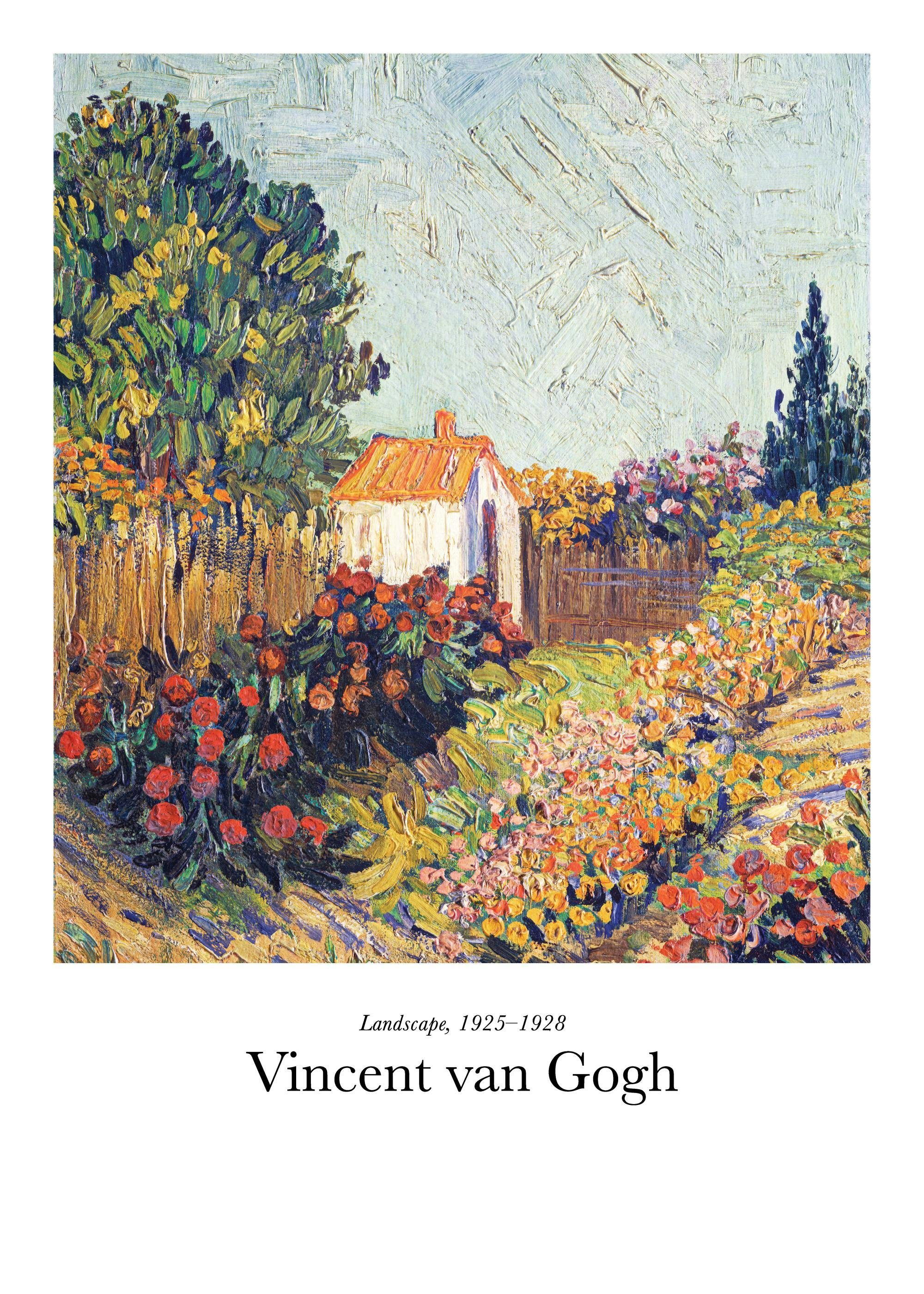 En plakat av et maleri med et hvitt hus med oransje tak i en fargerik hage, i Van Gogh-stil.
