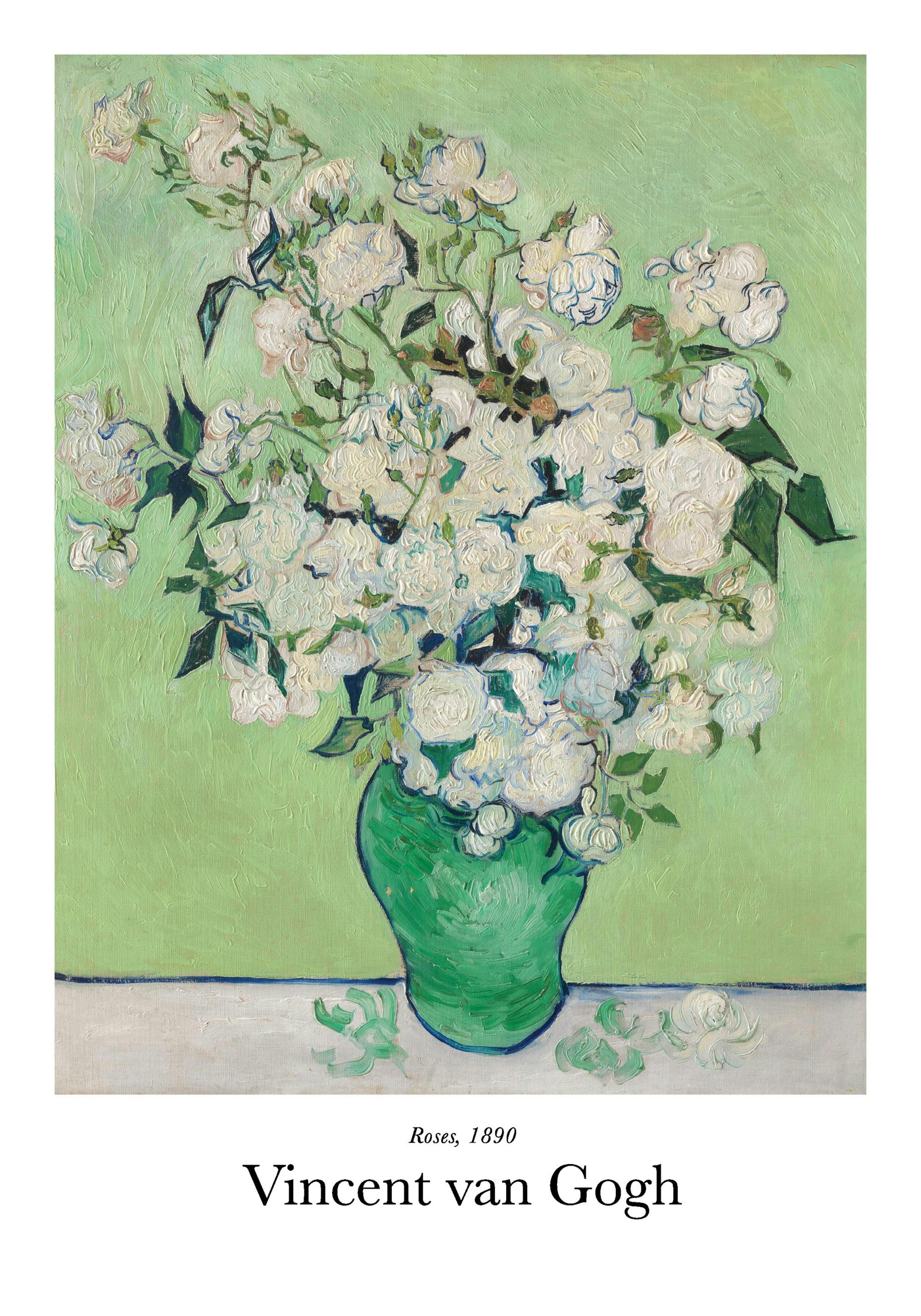 Póster de Rosas, pintura de Van Gogh con un florero verde lleno de rosas blancas sobre un fondo verde claro.