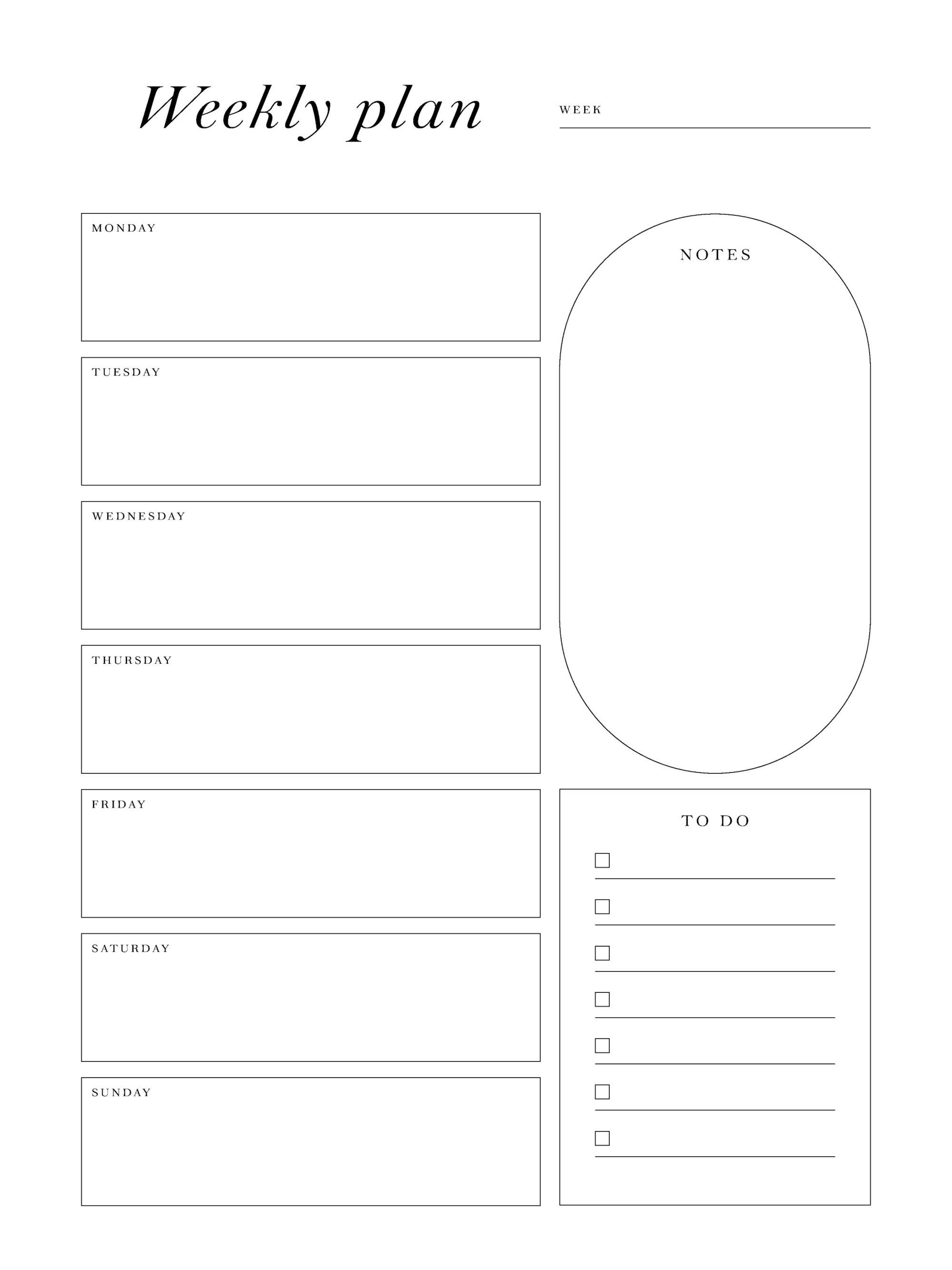 Un poster minimaliste de planificateur hebdomadaire noir et blanc avec des sections pour les notes et les tâches.