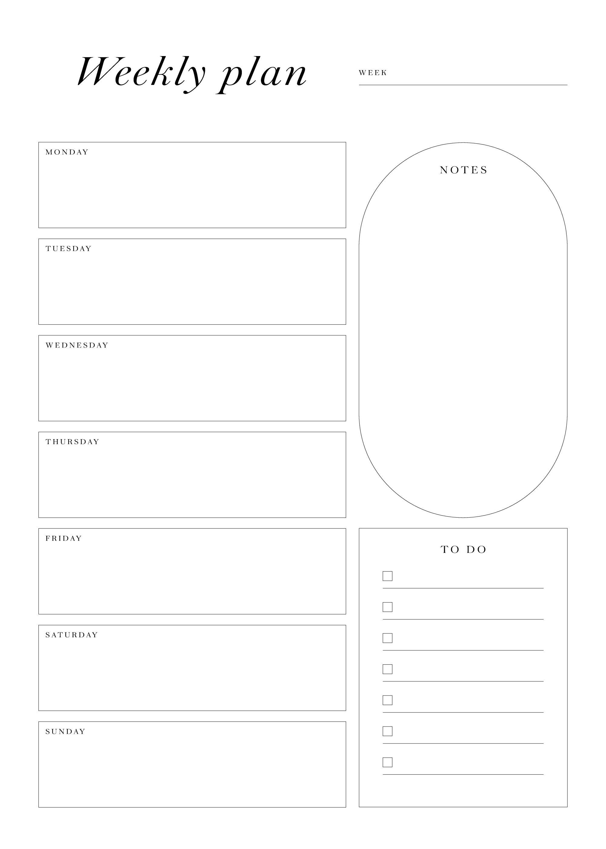 Poster con un planner settimanale bianco e nero, con sezioni per i giorni della settimana, le note e le attività da fare.