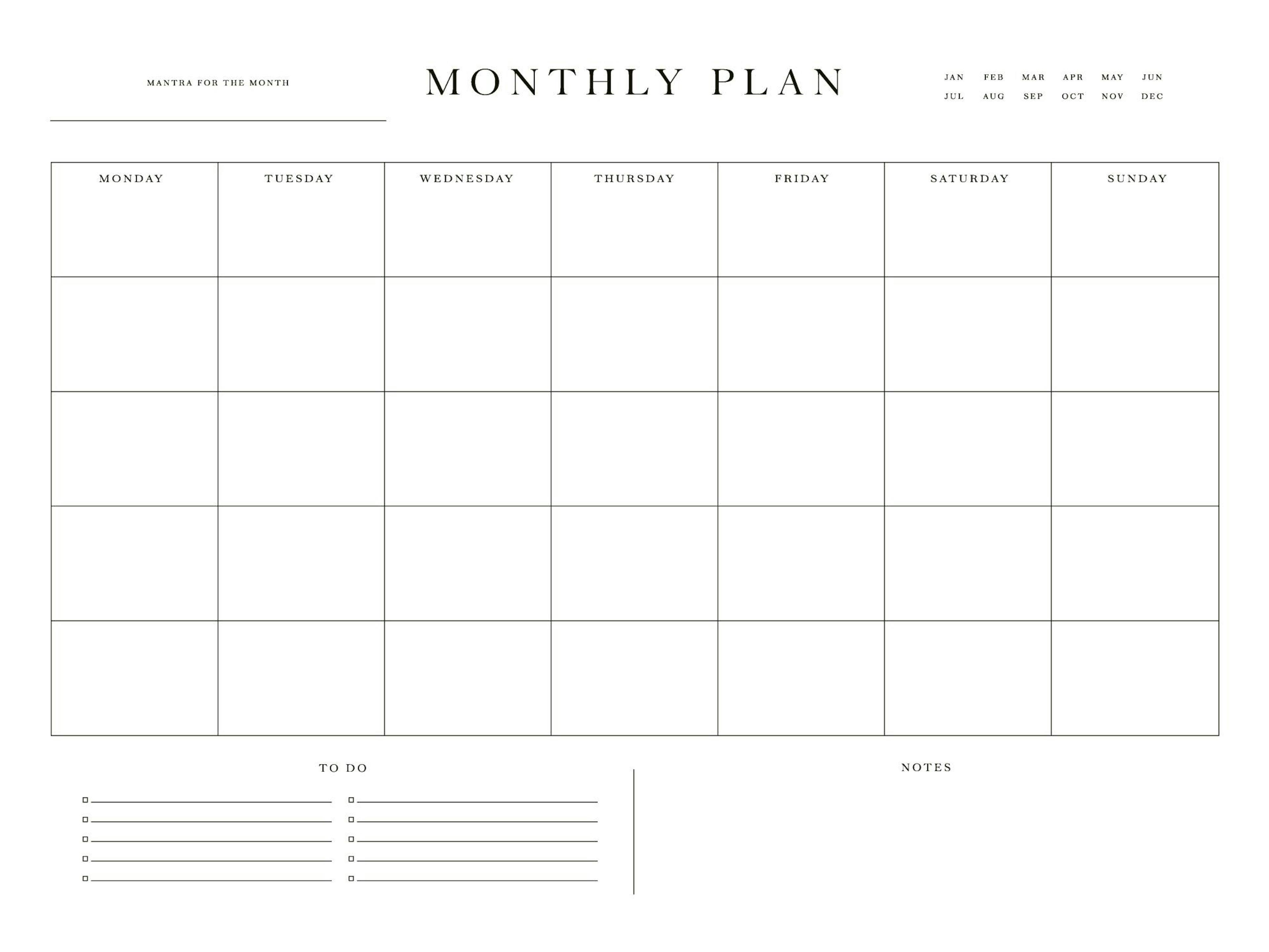 A minimalist monthly planner poster with a grid, Monthly Plan title, To Do list, and Notes section.
