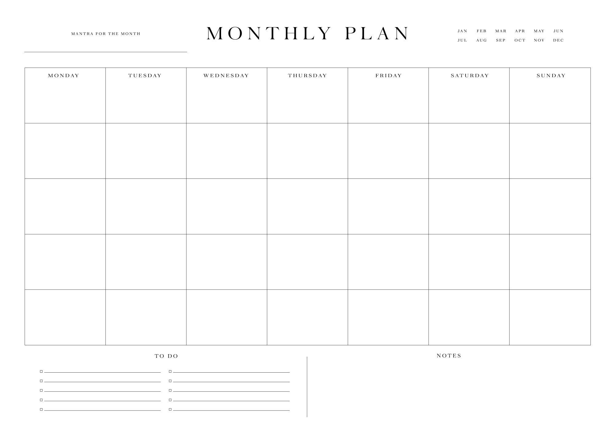 En poster med en vit månadsplanerare och kalender med texten Monthly Plan och rutor för anteckningar.