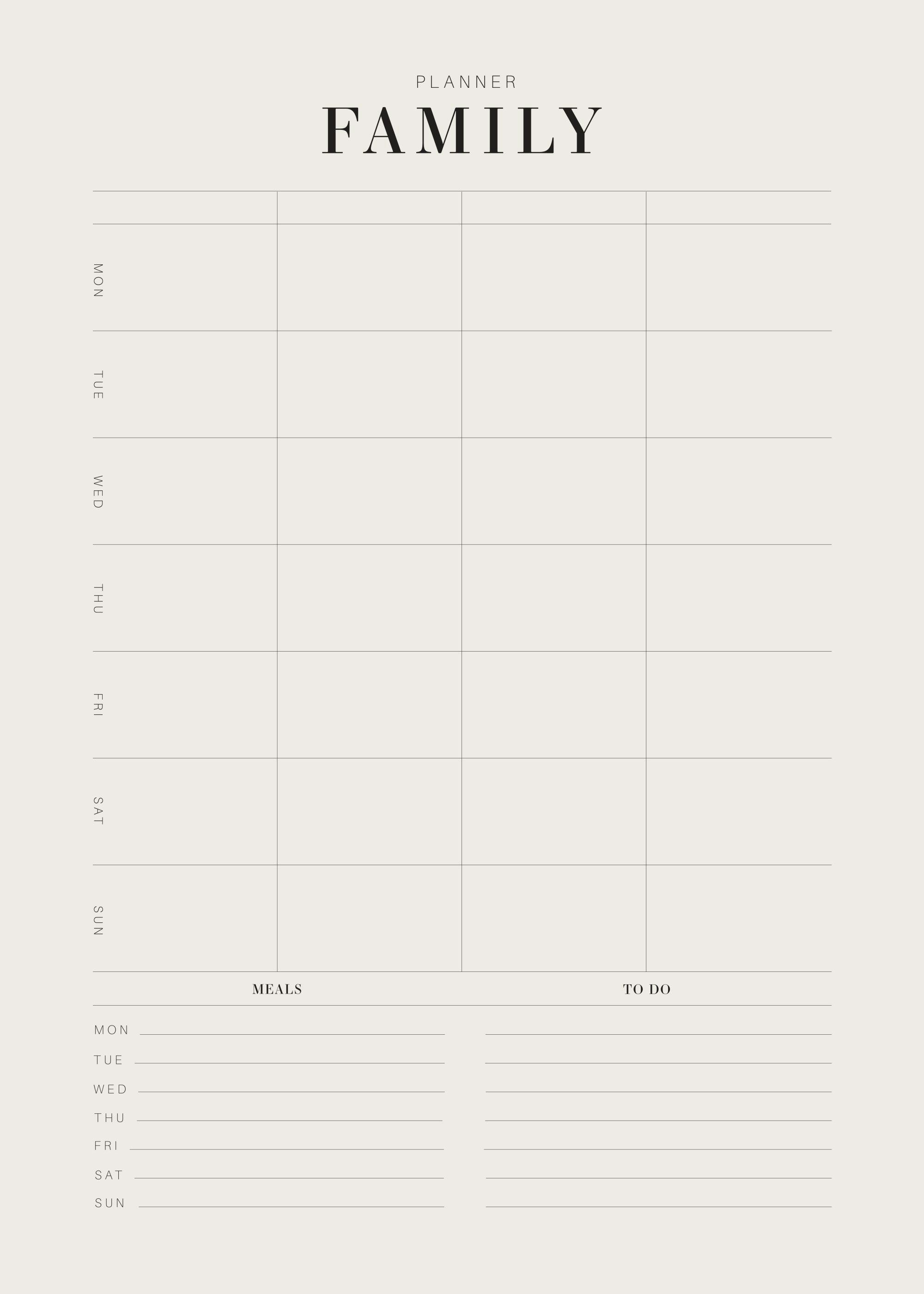 A minimalist weekly planner poster with a FAMILY title, sections for days of the week, meals, and to-do lists.
