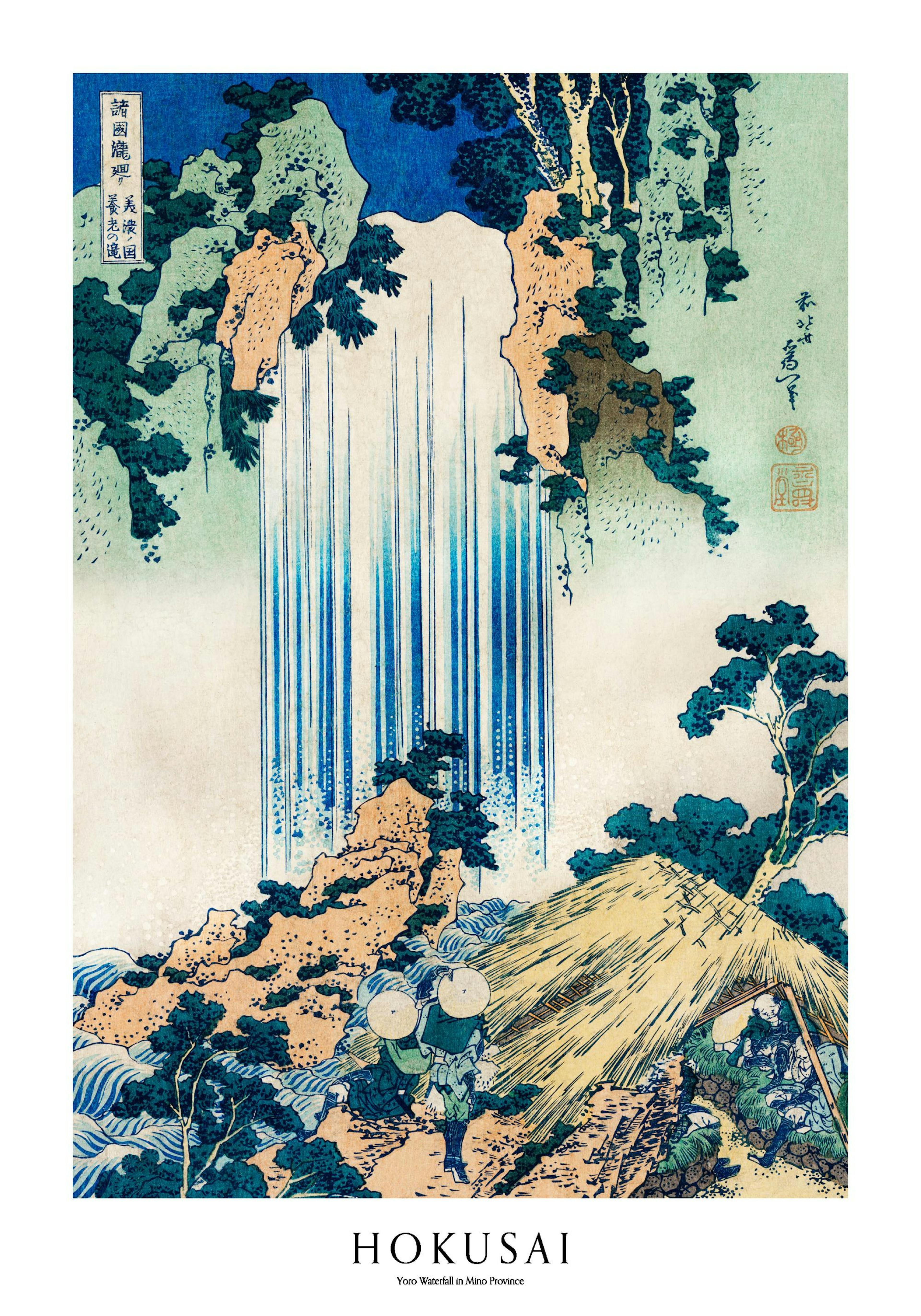 A poster depicting the Yoro Waterfall in Mino Province by Hokusai, with blue falling water, green trees, and figures in traditio