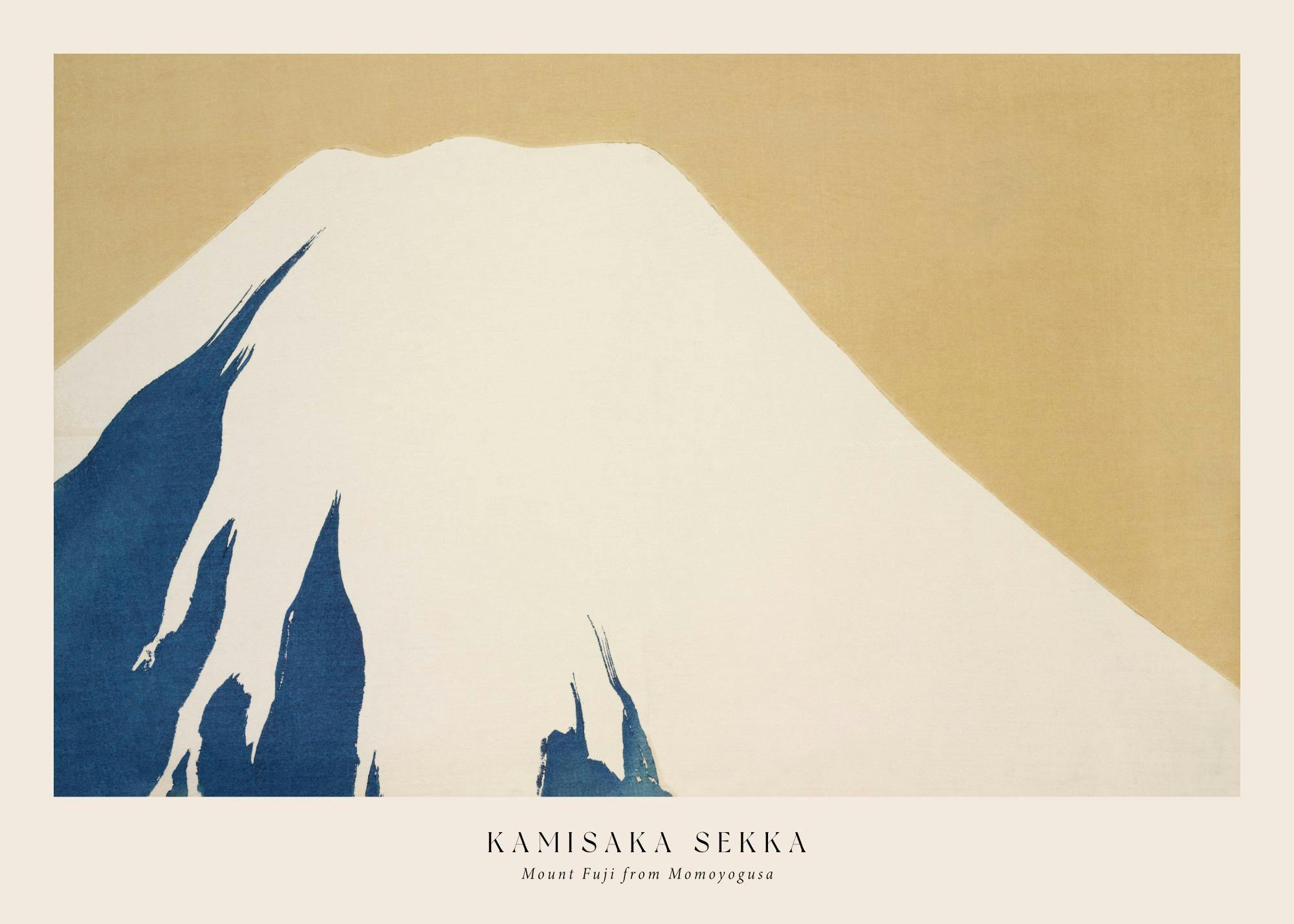 Poster du mont Fuji avec des teintes de bleu foncé et de blanc cassé, sur un fond beige.