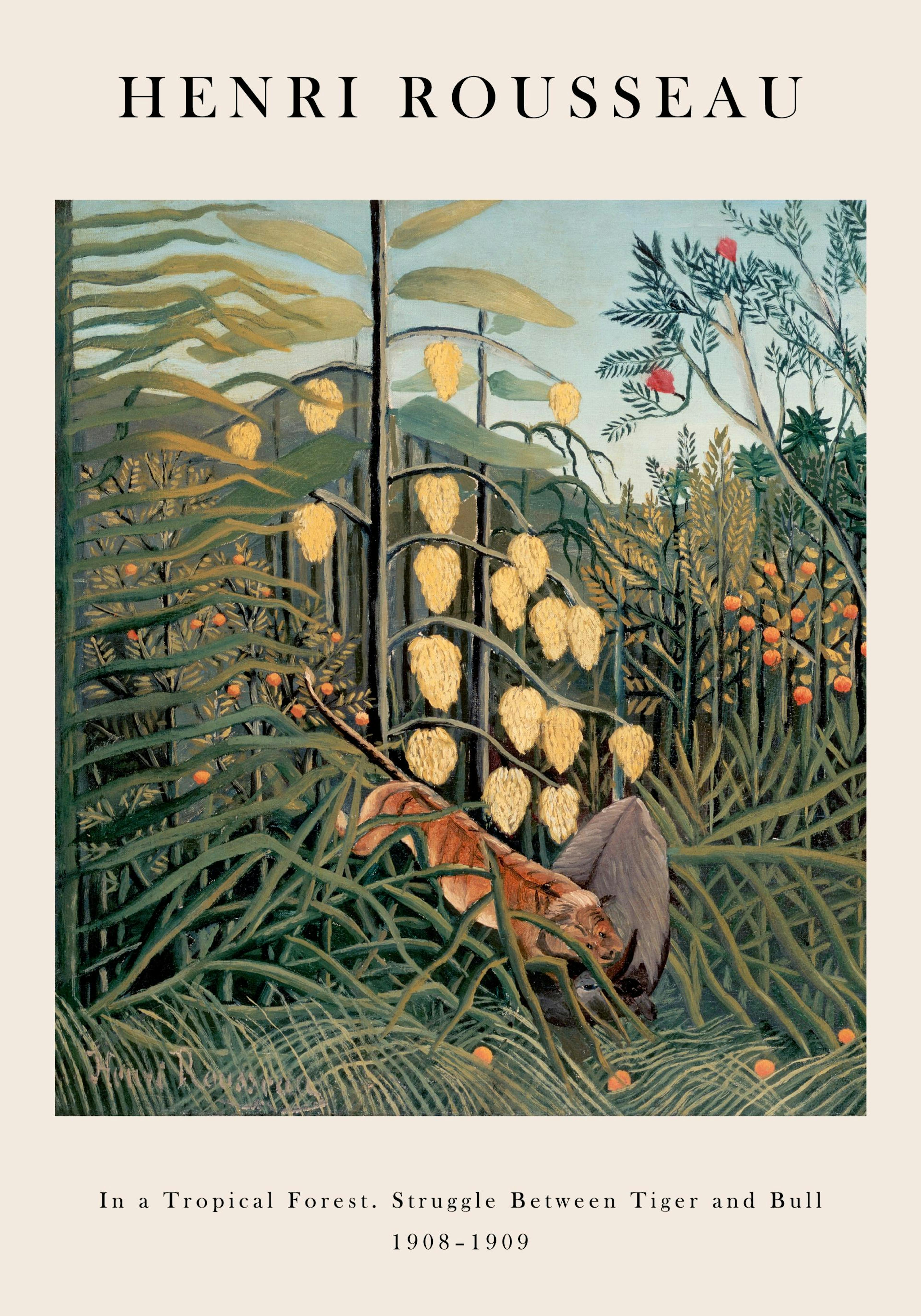 Poster von Henri Rousseau: Ein Stier und Tiger in einem tropischen Wald, umgeben von grünen Pflanzen und gelben Früchten.