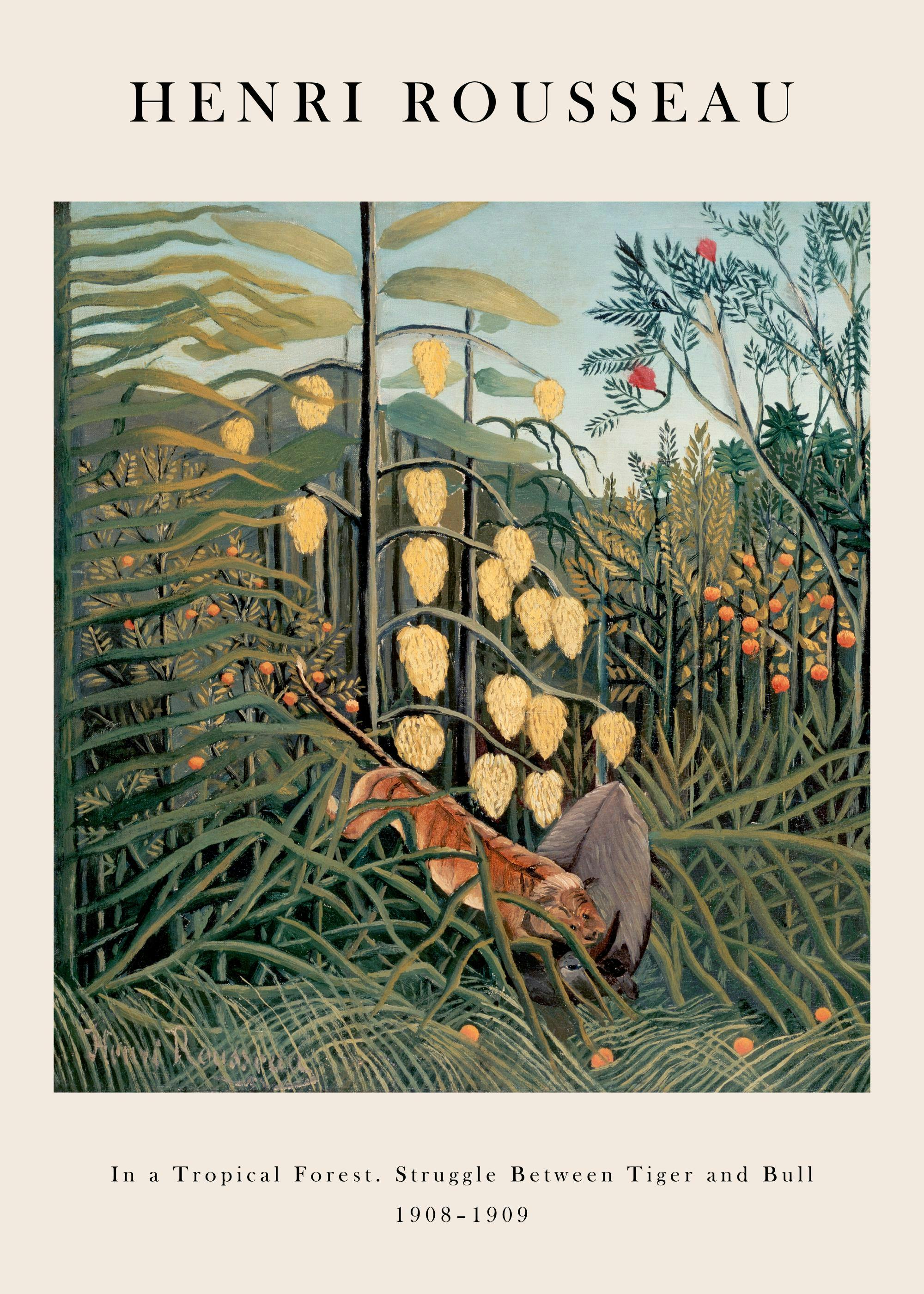 En plakat av Henri Rousseaus maleri In a Tropical Forest, som viser en tiger og okse i en frodig jungel.