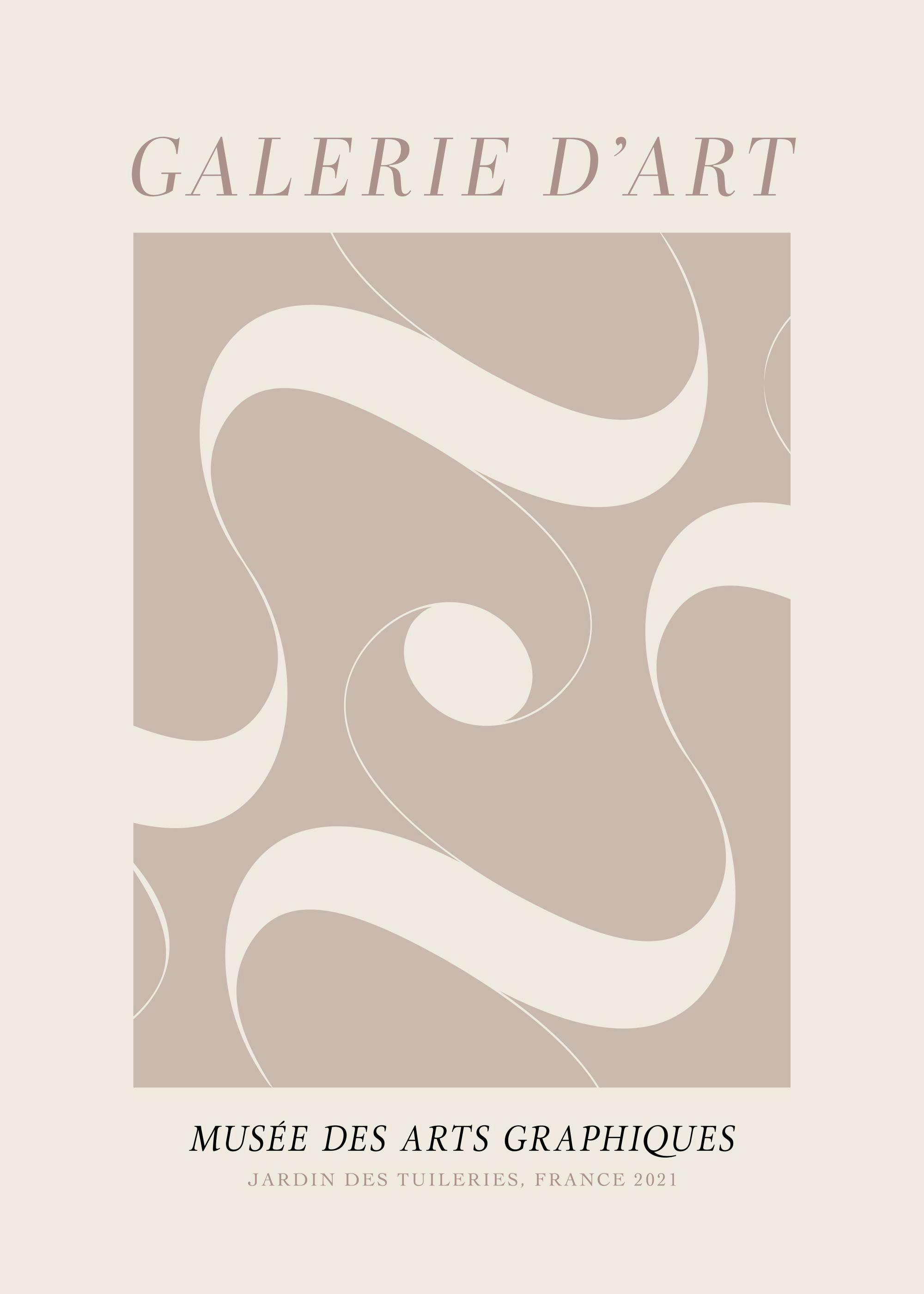 En poster med beige och krämvita vågiga former och linjer på en ljusbrun bakgrund. Texten GALERIE DART och MUSÉE DES ARTS GRAPHI