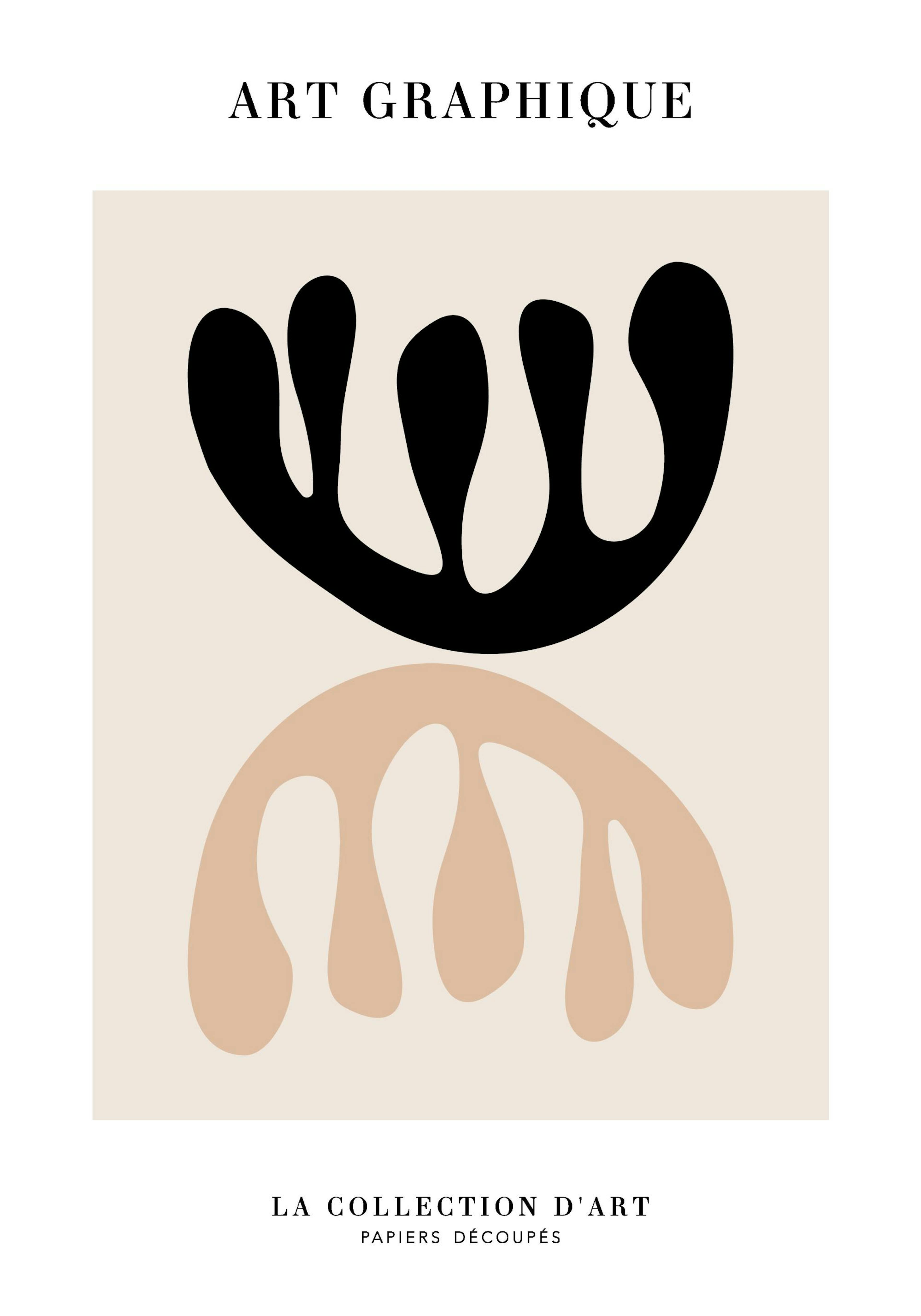 A poster with a black organic shape above a beige organic shape on a light background, hanging above a bed with white pillows an