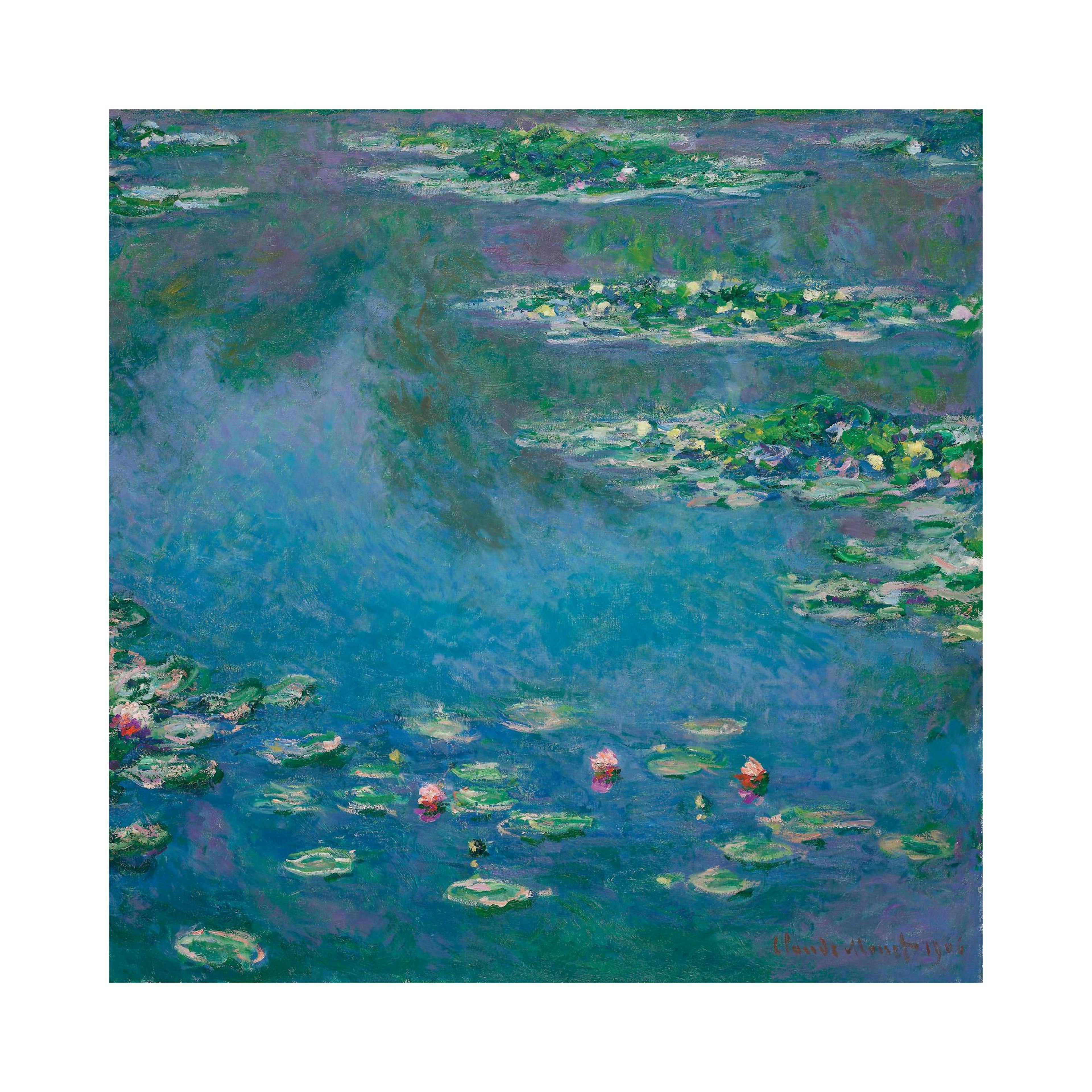 Ein Poster von Seerosen auf blaugrünem Wasser mit Reflexionen und zarten Blüten.