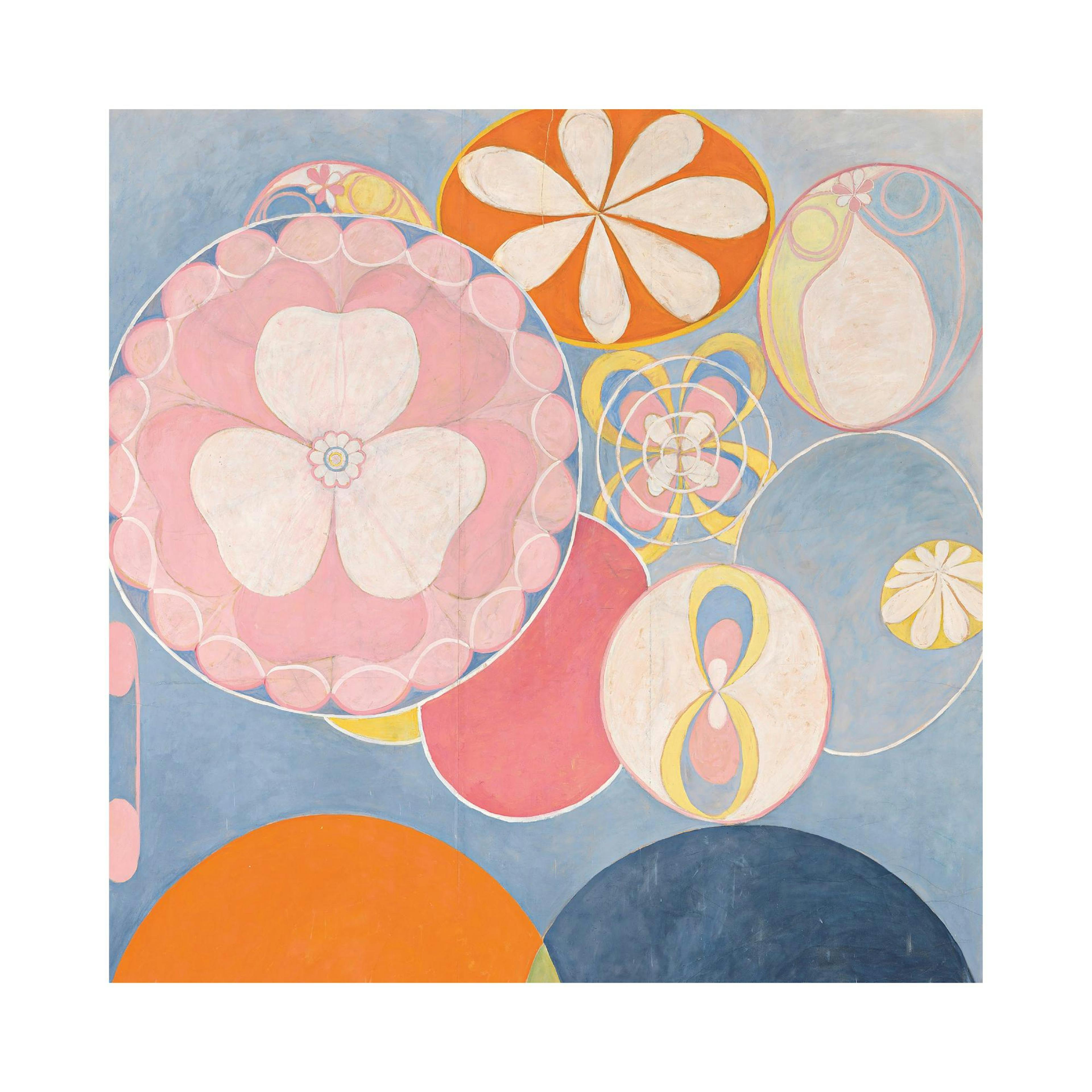 Poster abstrait avec des formes organiques de cercles roses, oranges et bleus sur un fond bleu clair.
