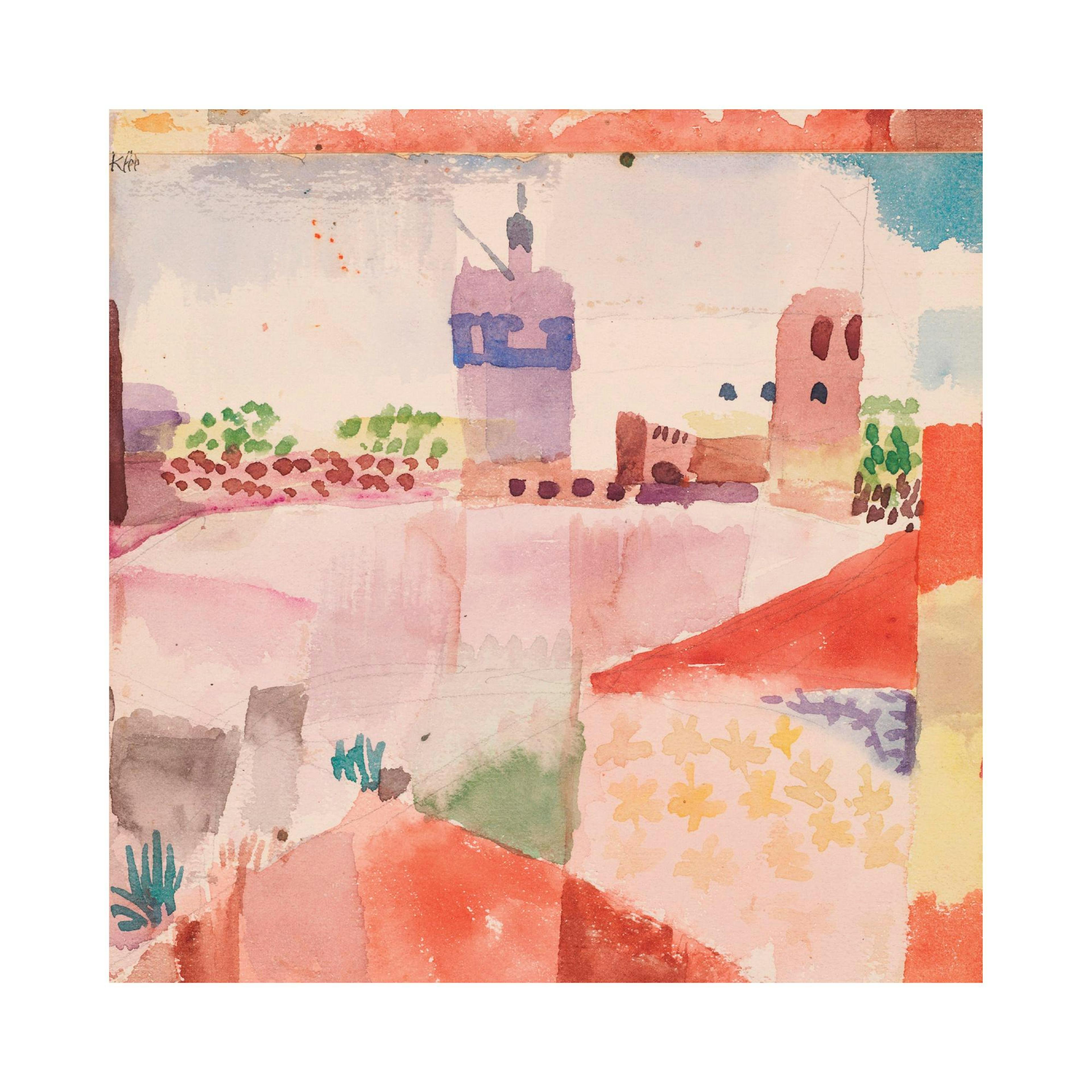 Poster eines Aquarells mit Stadtbild, rosa Dächern und Gebäuden vor hellem Himmel.