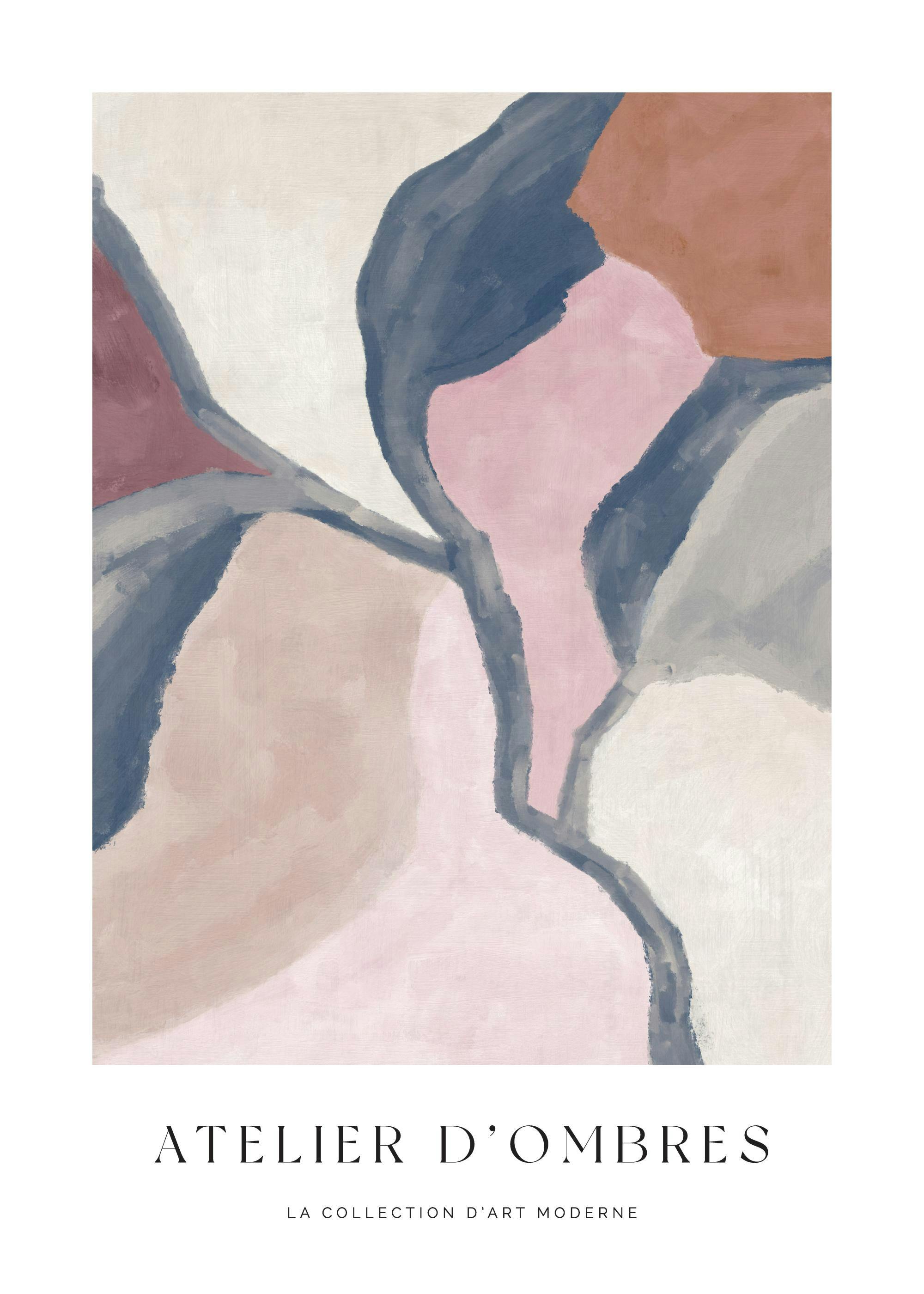 Juliste vaaleista orgaanisista muodoista, joissa on vaaleanpunaisia, ruskeita, sinisiä ja harmaita sävyjä.