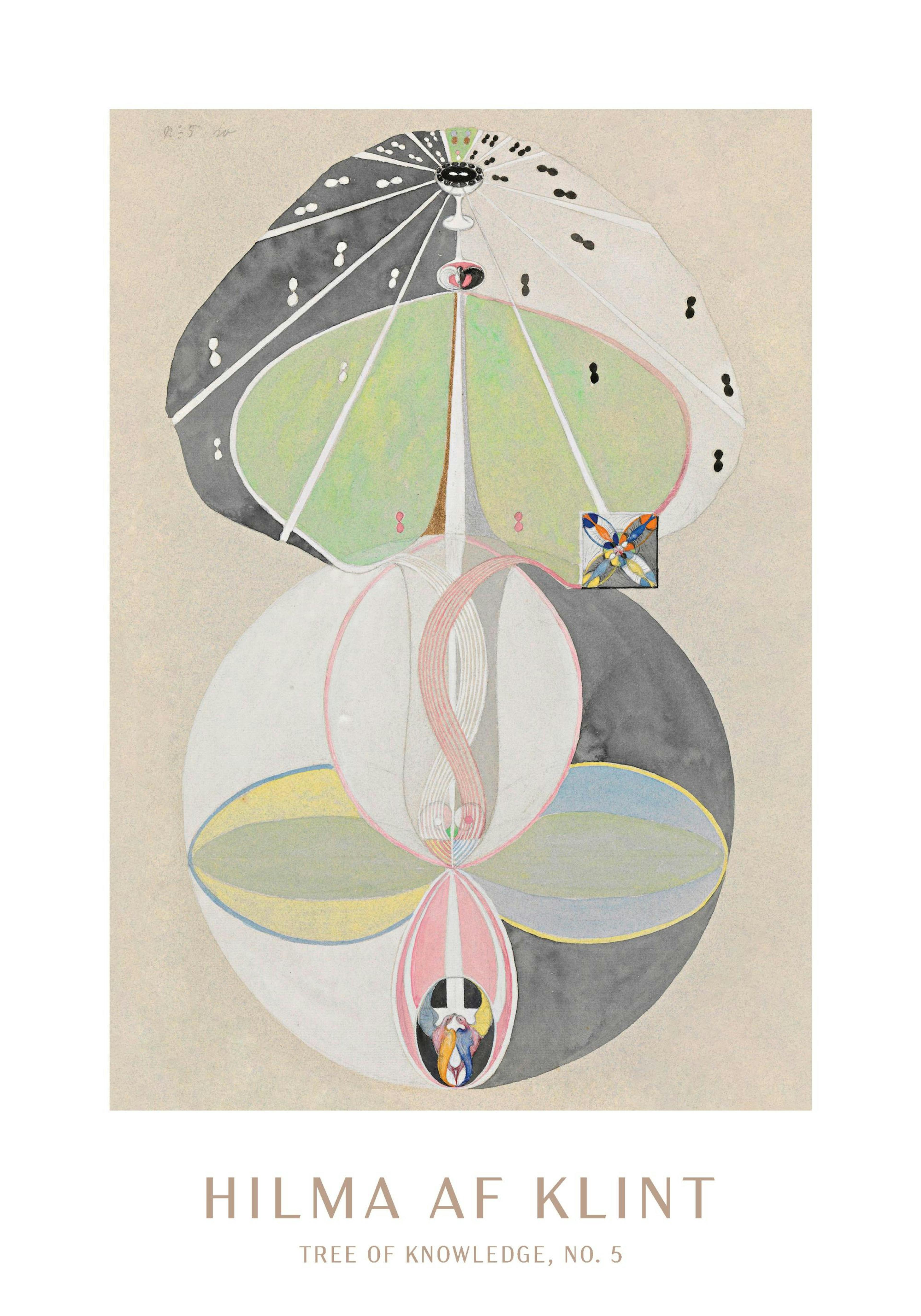 Poster von Hilma af Klint mit Tree of Knowledge, No. 5, das organische Formen in Grau, Grün und Rosa zeigt.