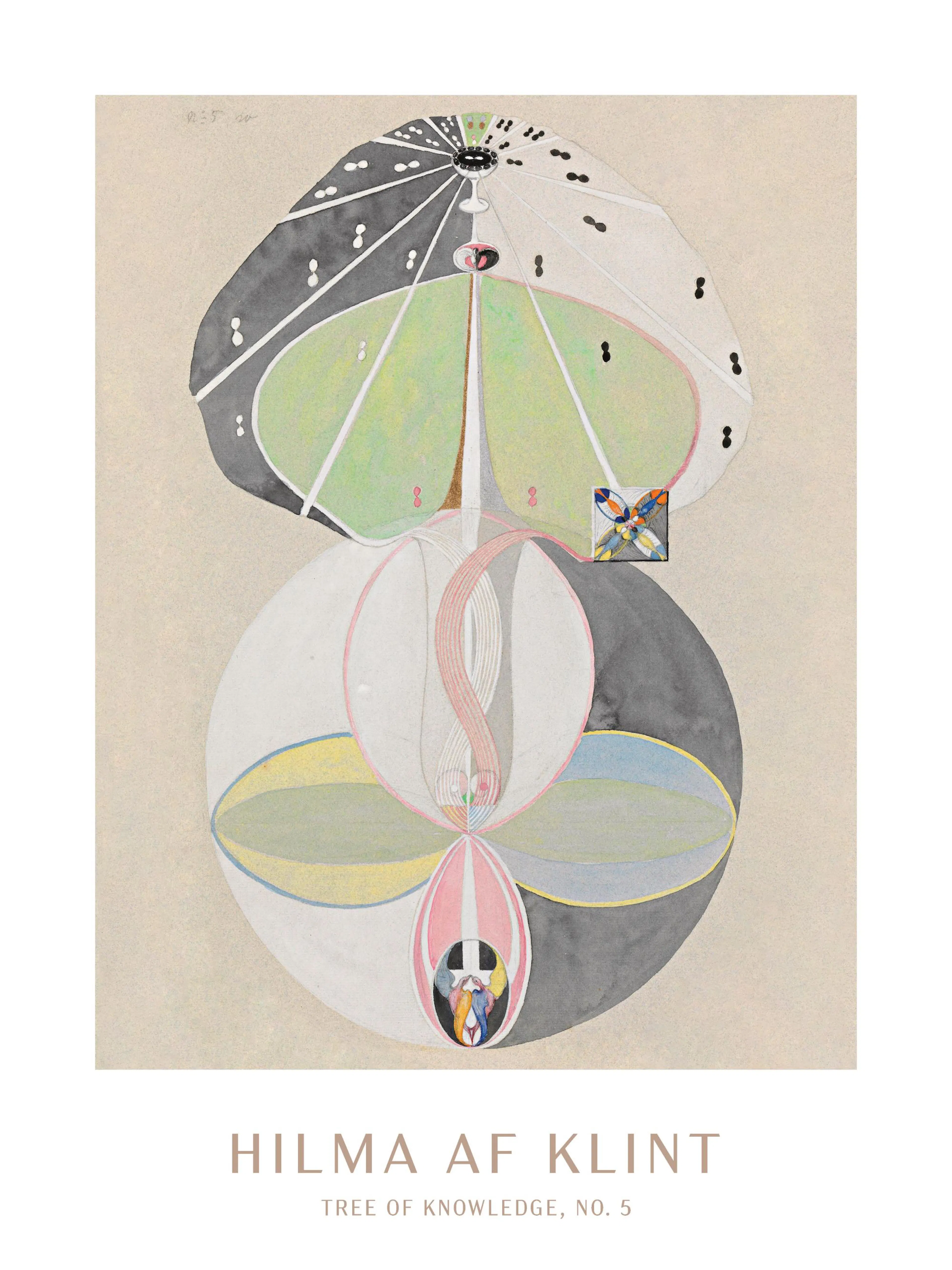 En plakat av Hilma af Klints Tree of Knowledge, No. 5 med abstrakte former i grønt, hvitt, svart og rosa.