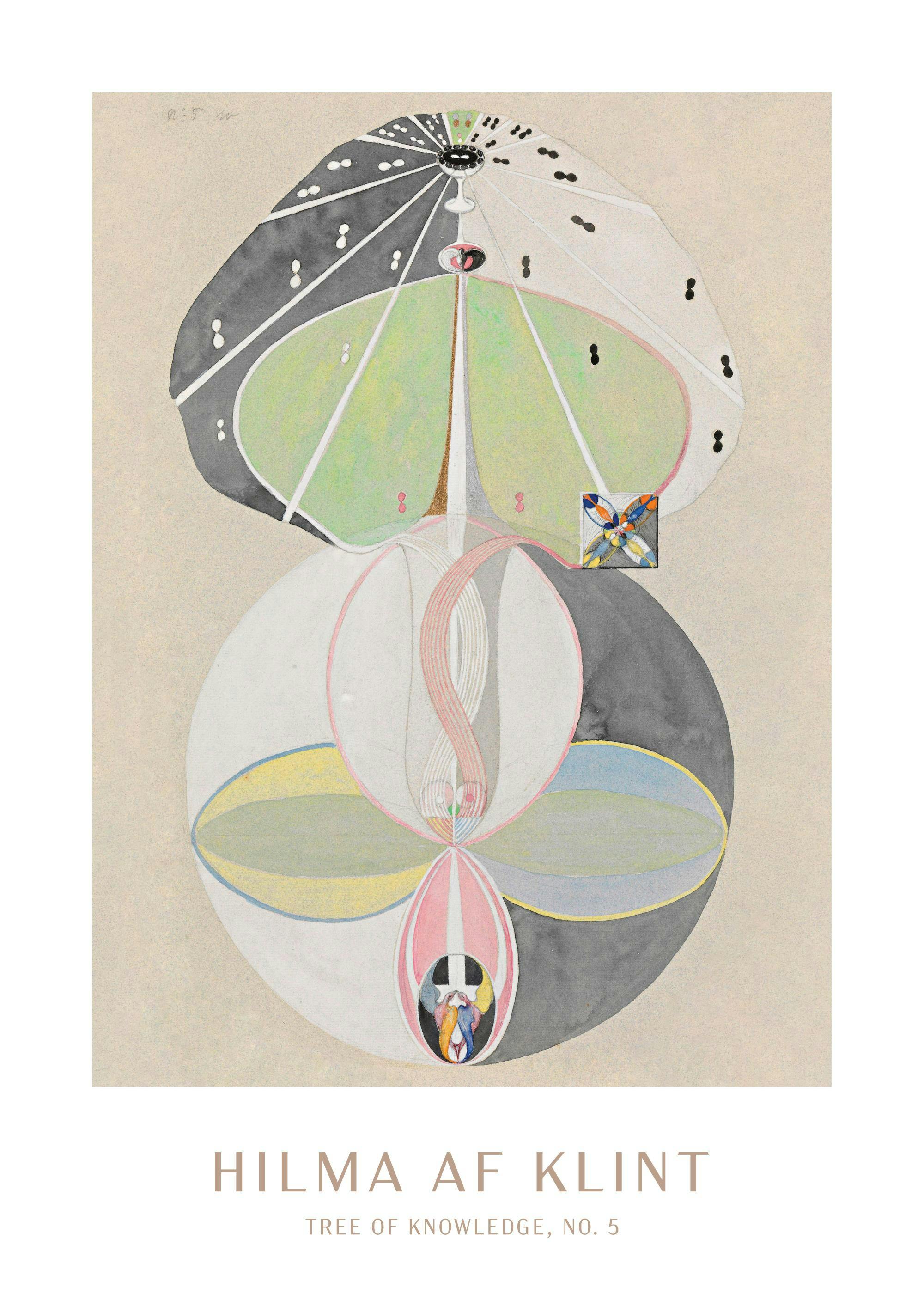 Poster von Hilma af Klint mit Tree of Knowledge, No. 5, das organische Formen in Grau, Grün und Rosa zeigt.