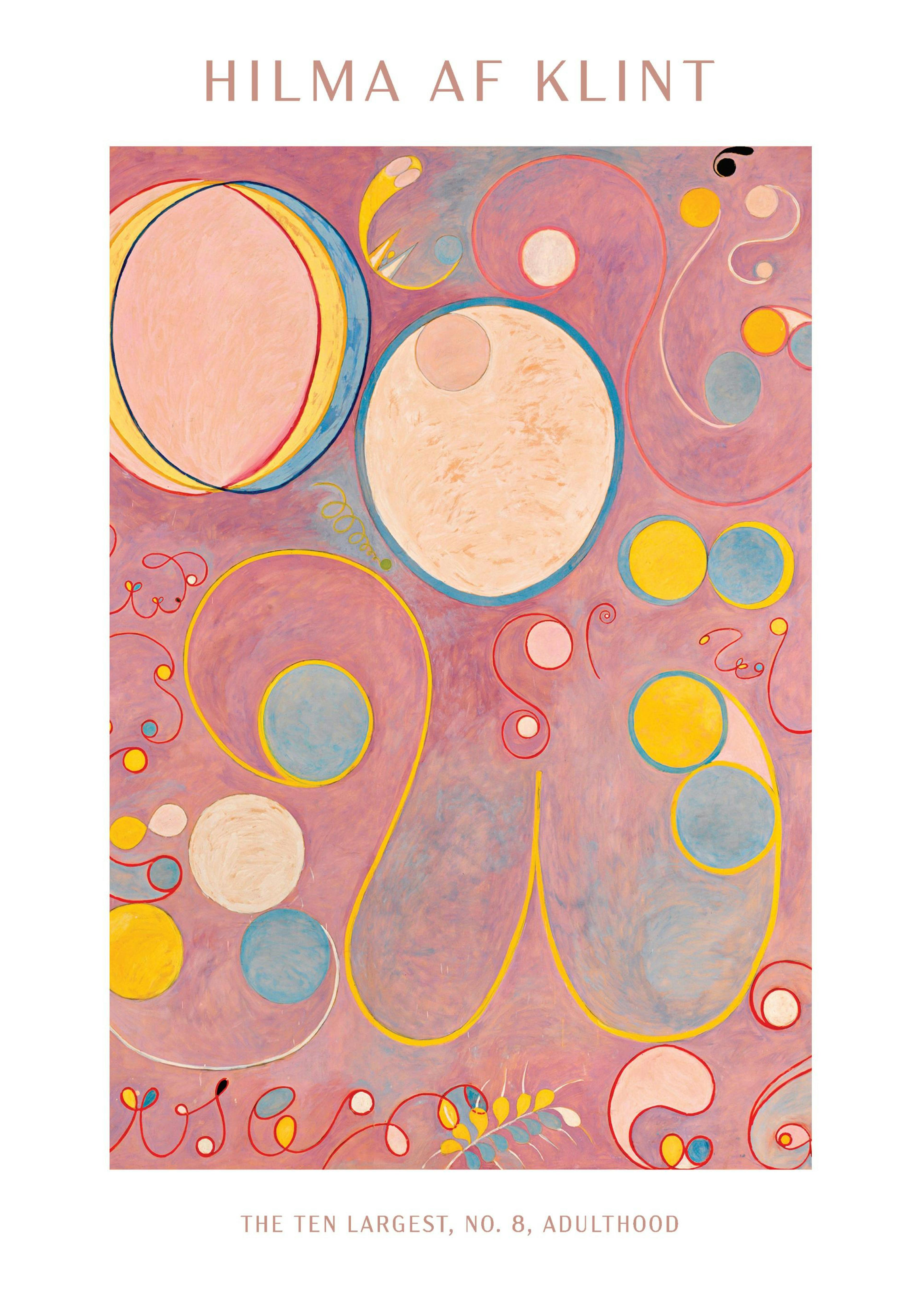 Poster abstrait de Hilma af Klint avec des formes ovales et circulaires jaunes et bleues sur un fond rose clair.