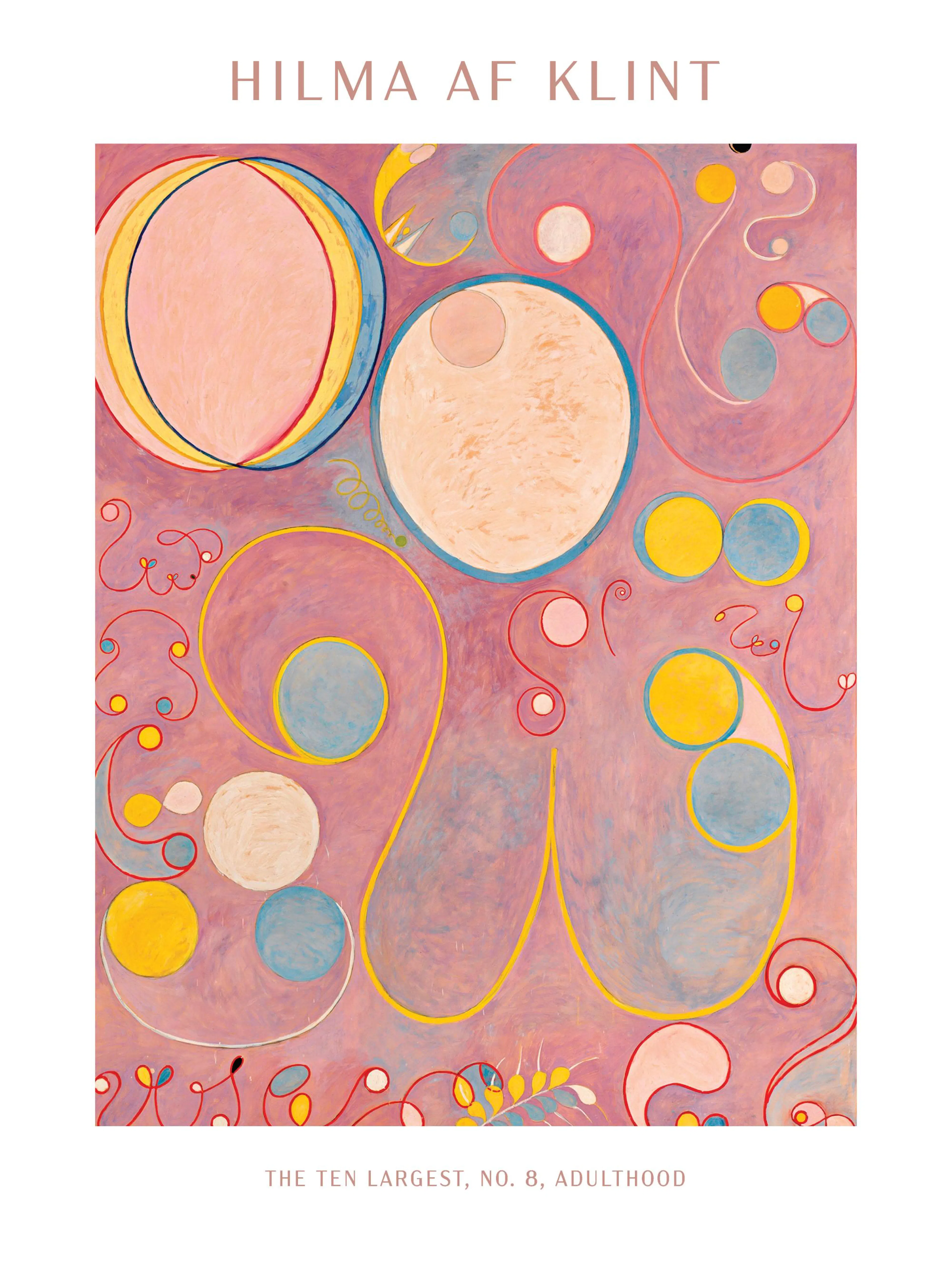 A poster featuring a Hilma af Klint abstract painting with pink, blue, yellow, and white circles and swirling lines.