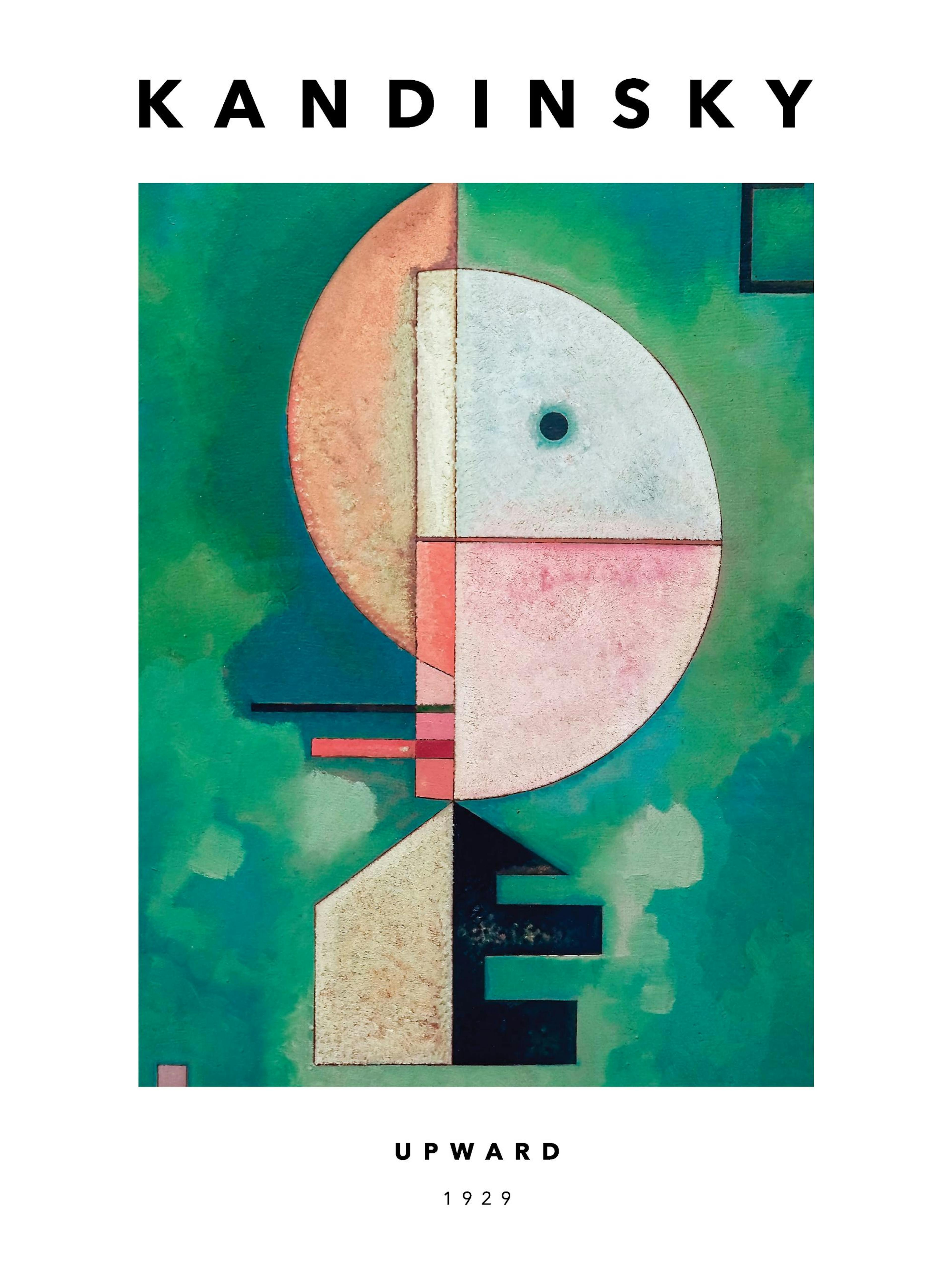 A poster featuring Kandinskys Upward, a geometric abstract design with a large circular form split into orange and white, agains