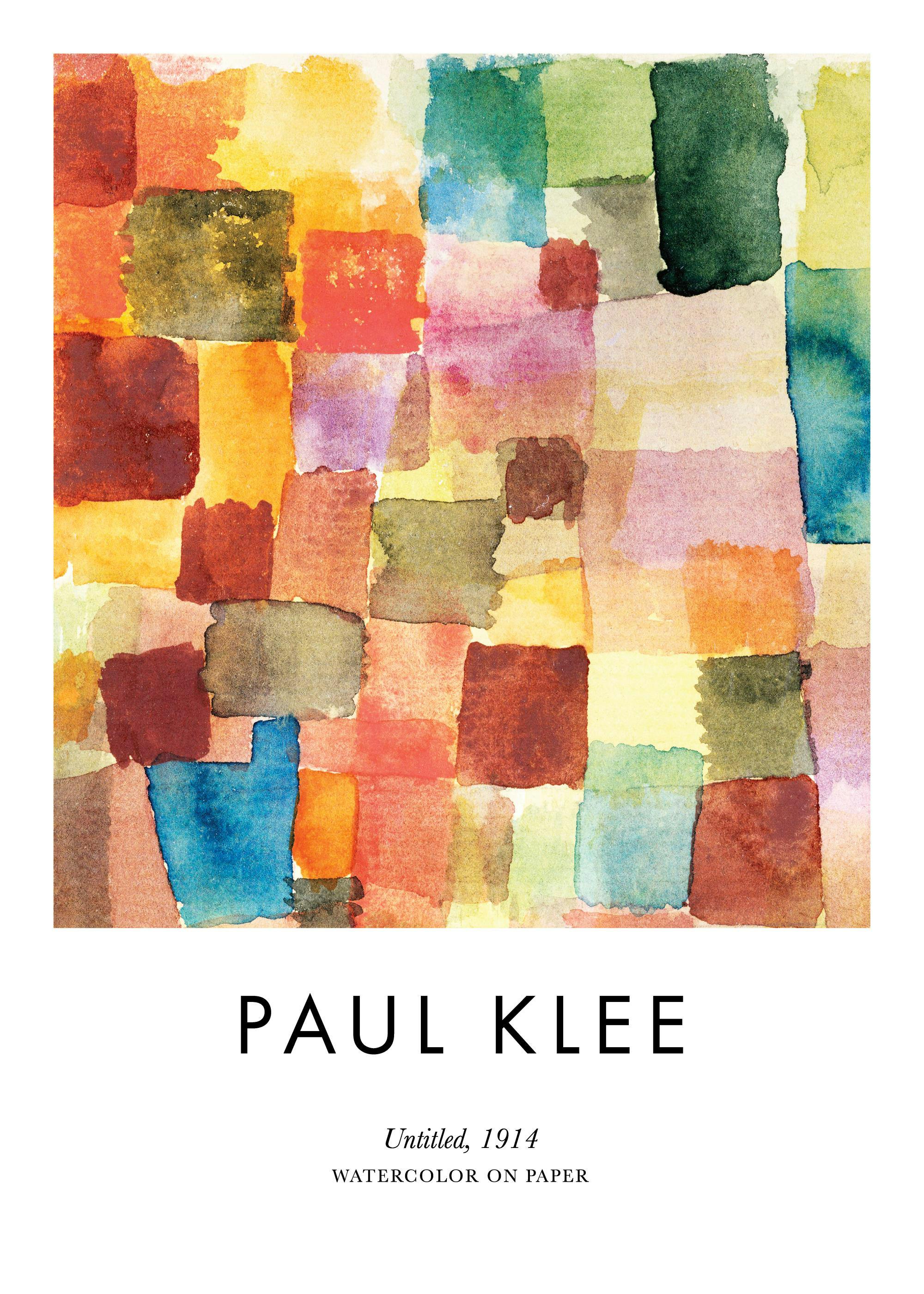 Aquarell-Poster von Paul Klee mit farbigen Rechtecken in warmen Rot-, Orange- und Brauntönen sowie Grün- und Blautönen.