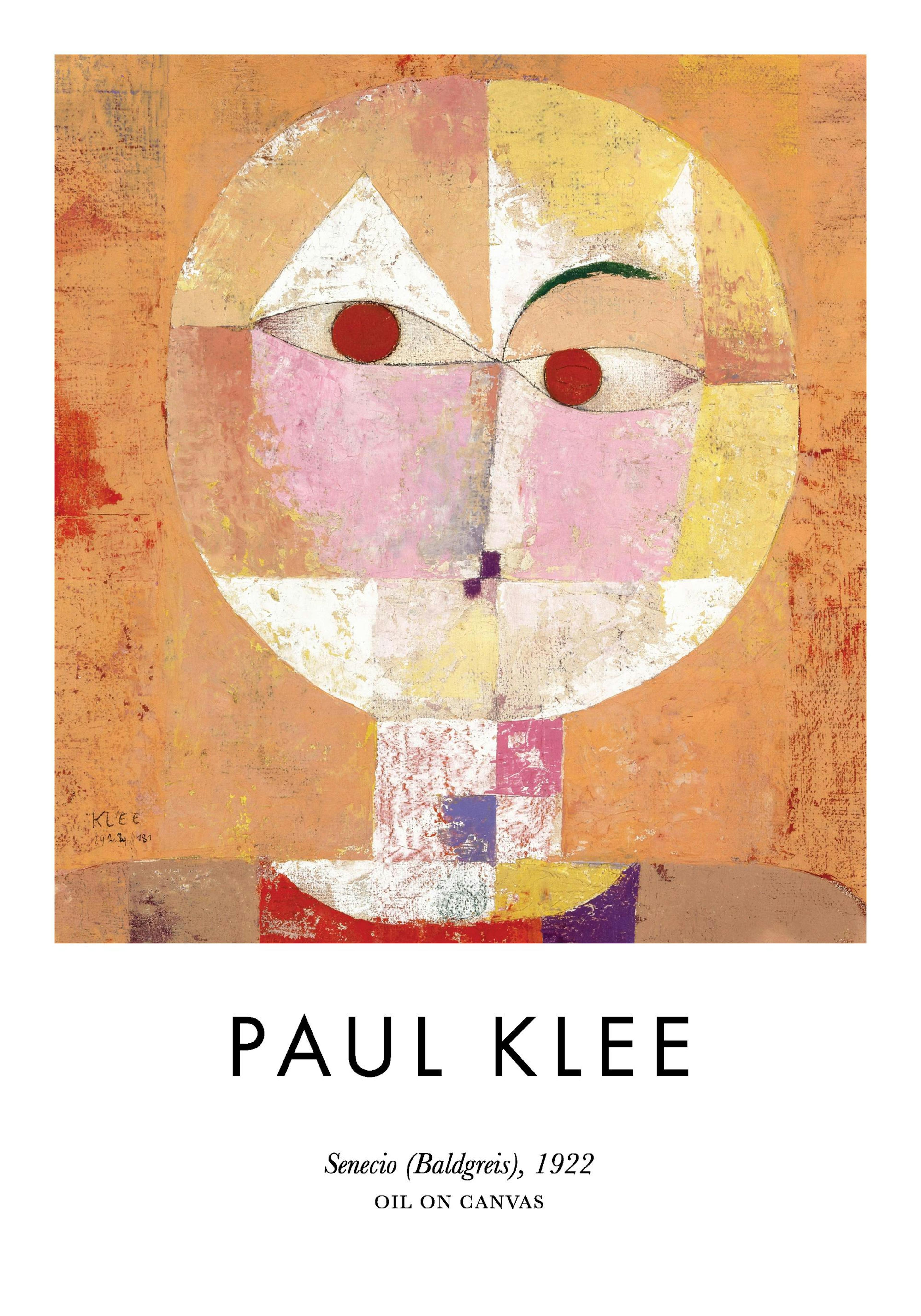 A poster featuring a Paul Klee painting of a head composed of geometric shapes, red eyes, and a textured surface.
